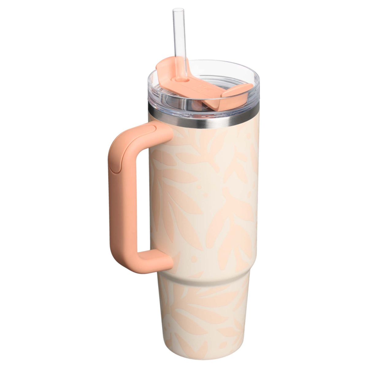 Marble-patterned tumbler with a pink handle and straw on a white background