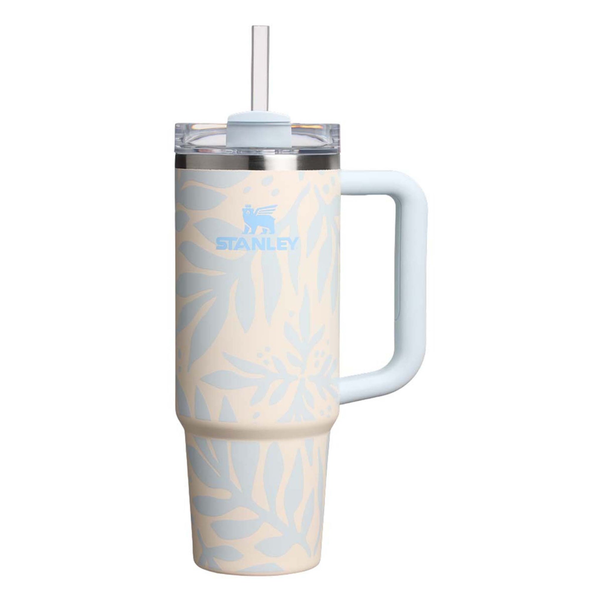 Stanley 30oz Quencher H2.0 FlowState Tumbler in Ocean Palms with cream base, light blue palm leaf design, matching handle, clear straw, and stainless rim.