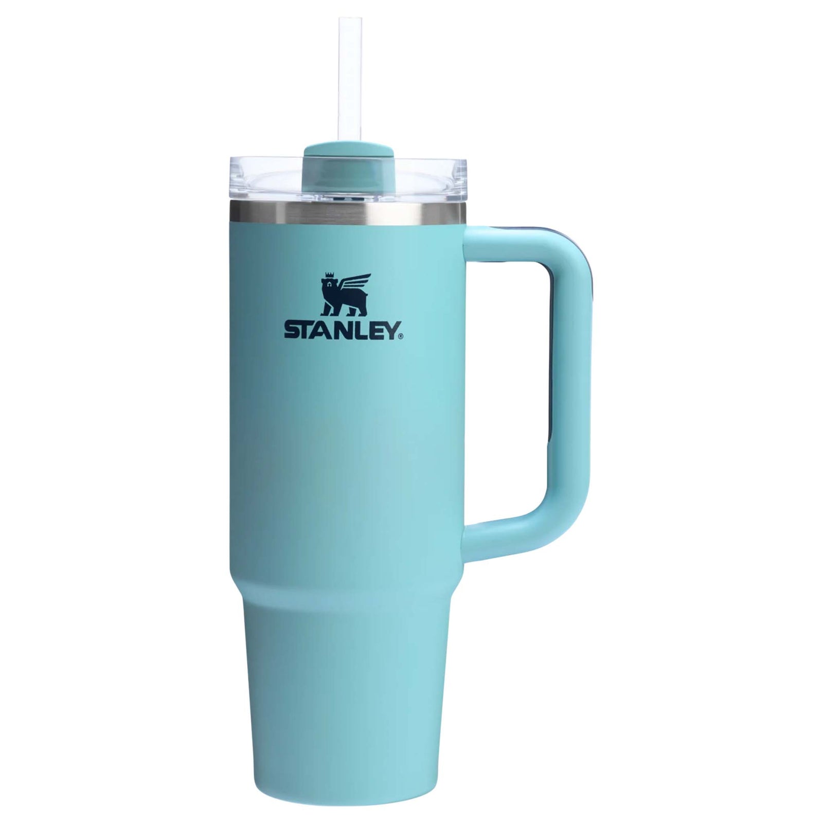 Stanley Quencher H2.0 FlowState 30oz Tumbler in Agave, shown upright with large handle, clear lid, and straw on a white background.
