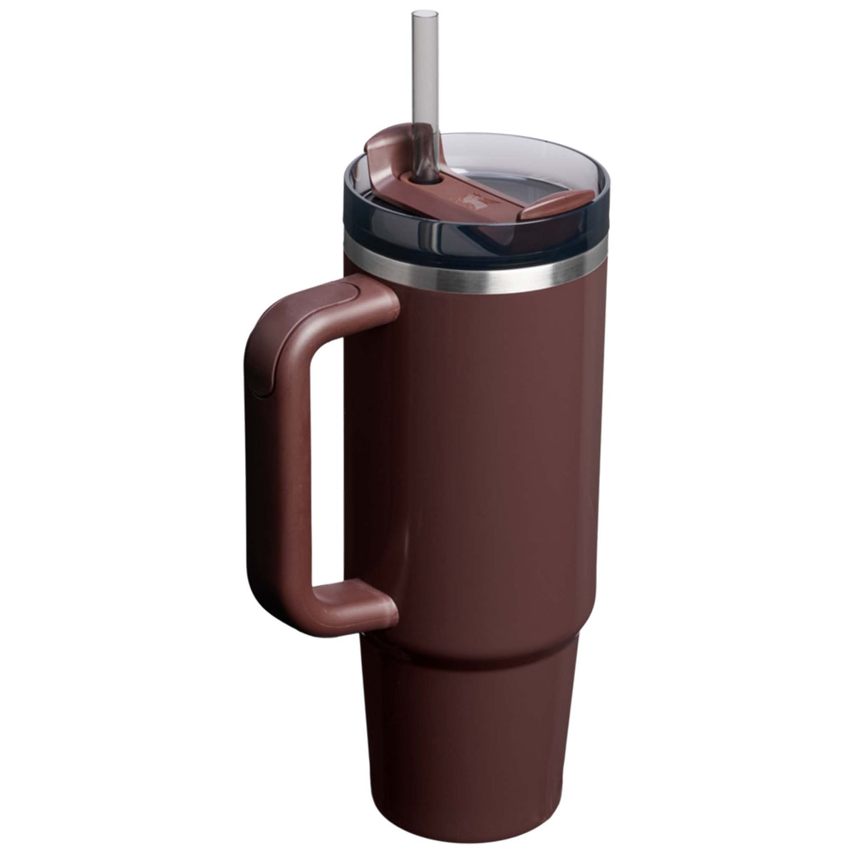 Deep maroon insulated mug with handle and straw on a white background
