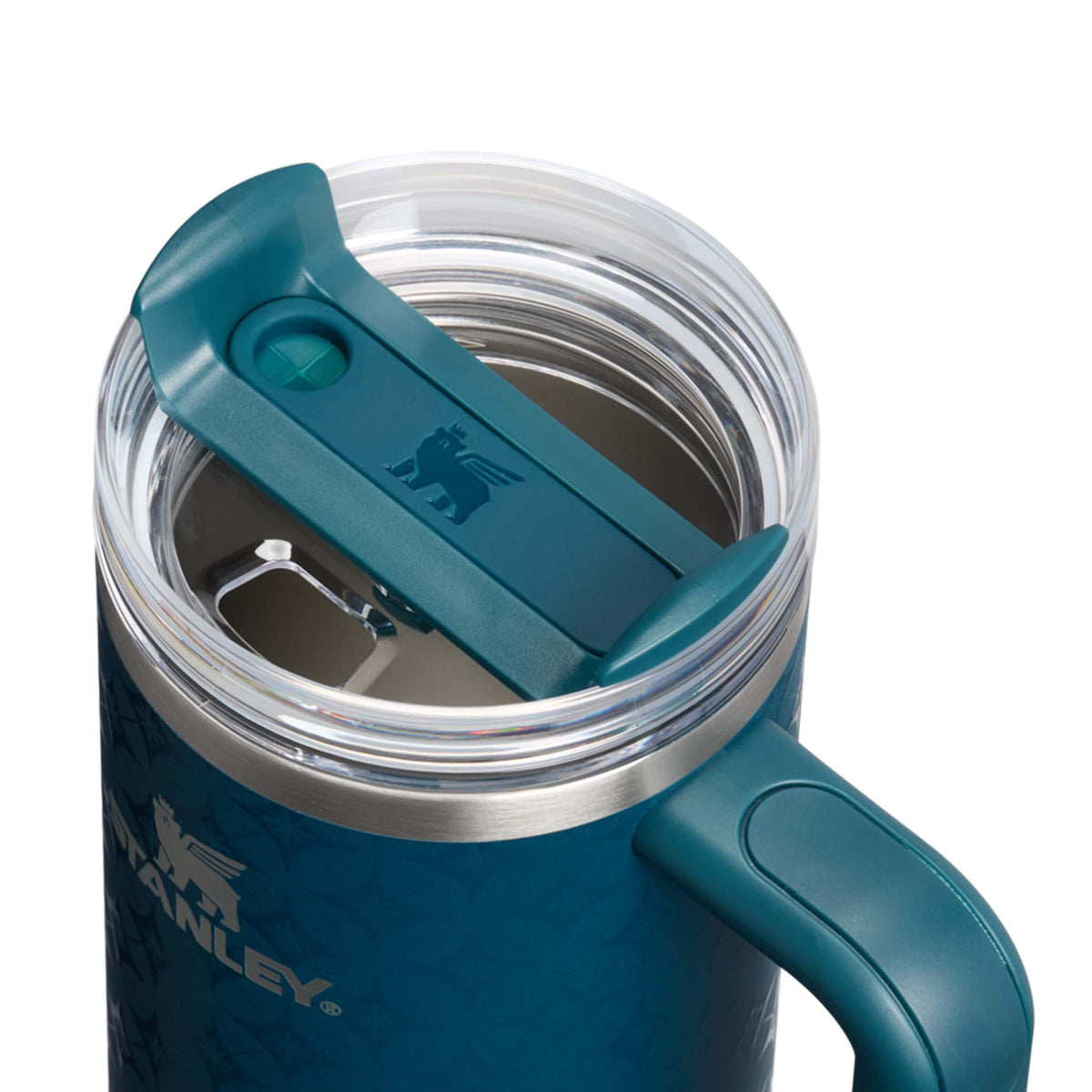 Teal insulated mug with a clear lid on a white background