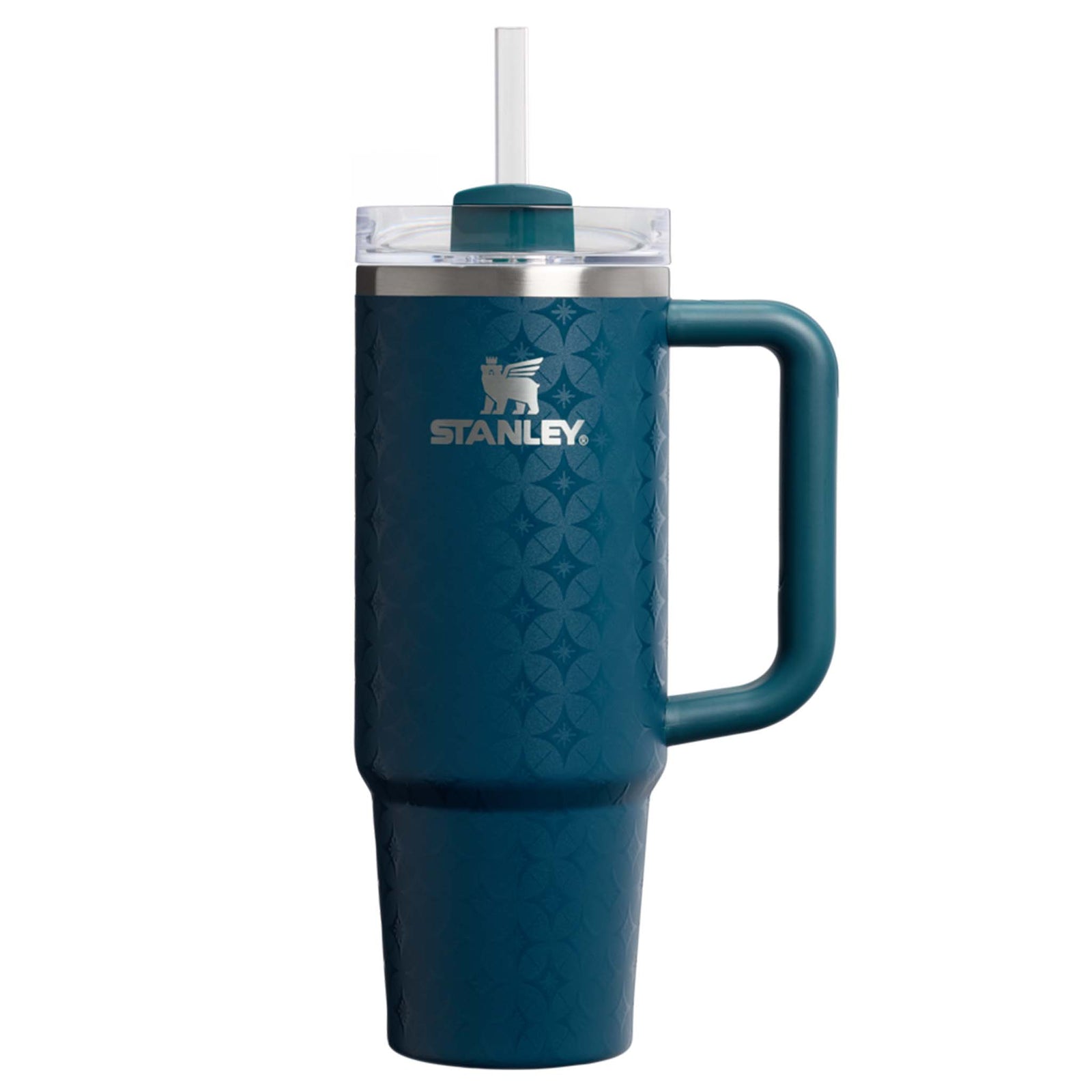 Blue Stanley mug with handle and straw on a white background