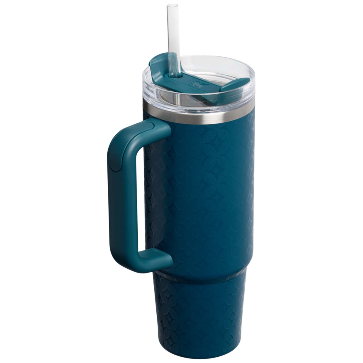 Teal insulated tumbler with handle and straw on a white background