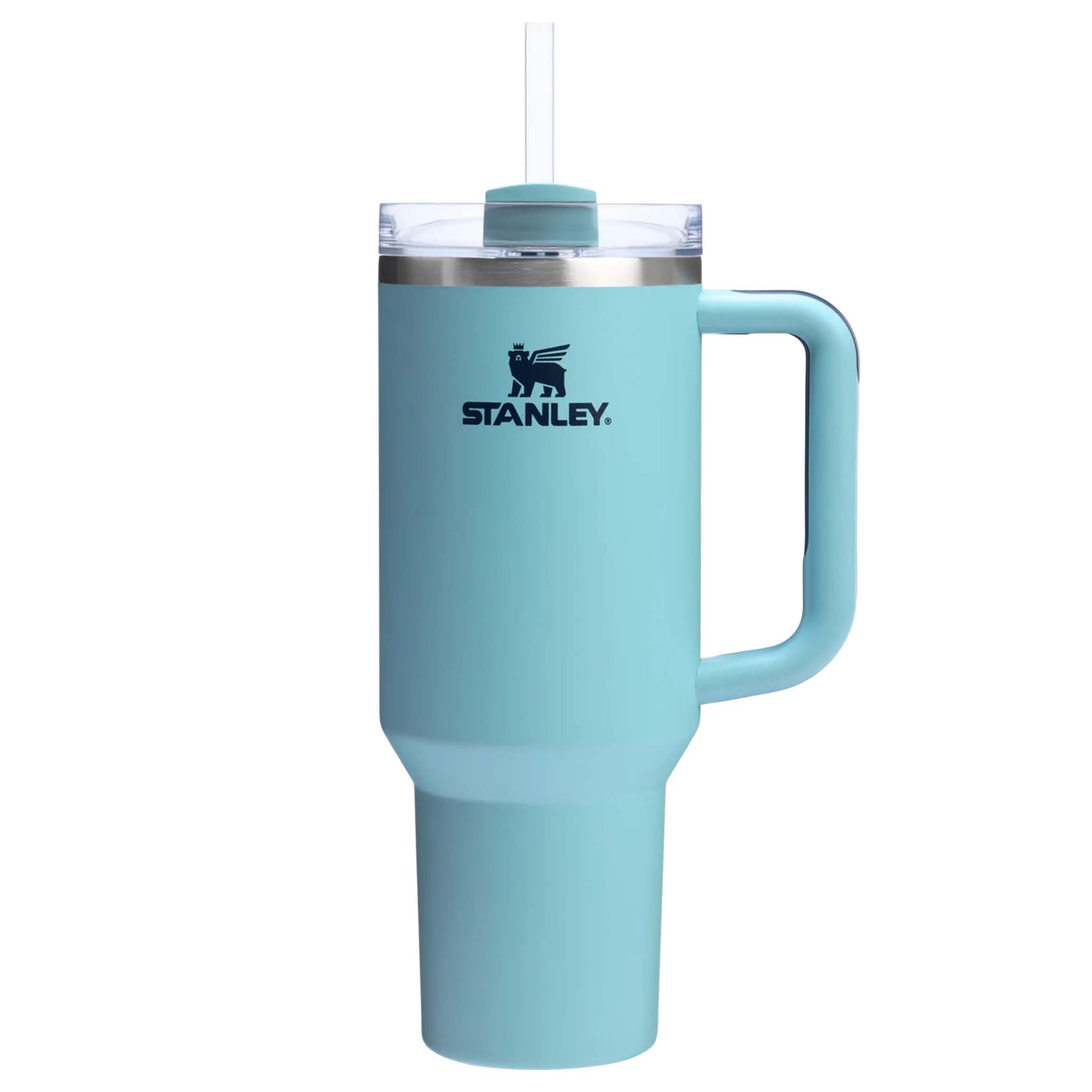 Stanley Quencher H2.0 FlowState Tumbler in Agave with solid design, large side handle, and clear lid with straw, shown upright on a white background.