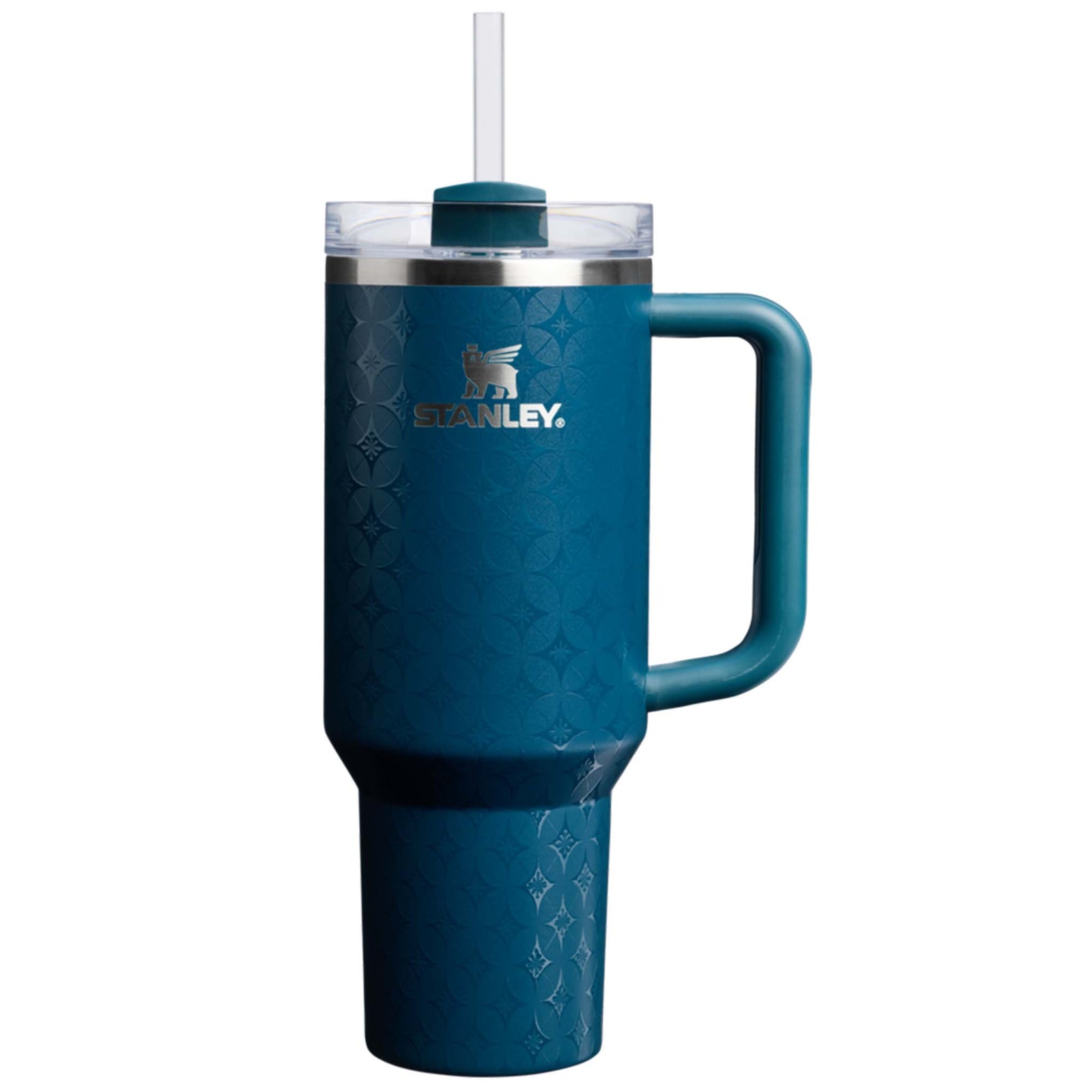 Blue Stanley tumbler with handle and straw on a white background