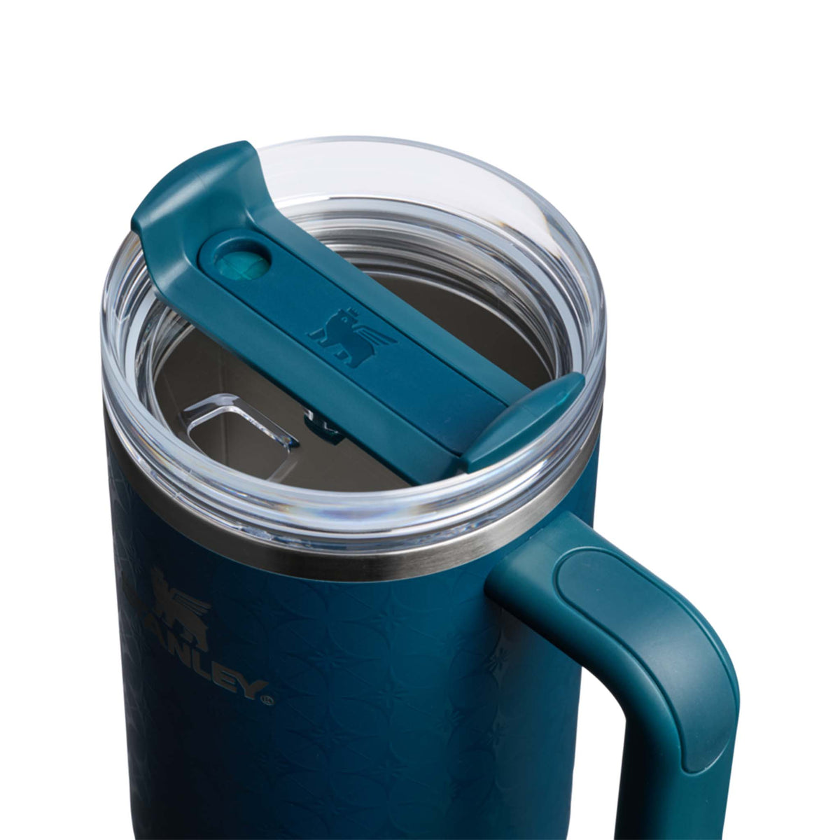 Teal insulated mug with handle on a white background
