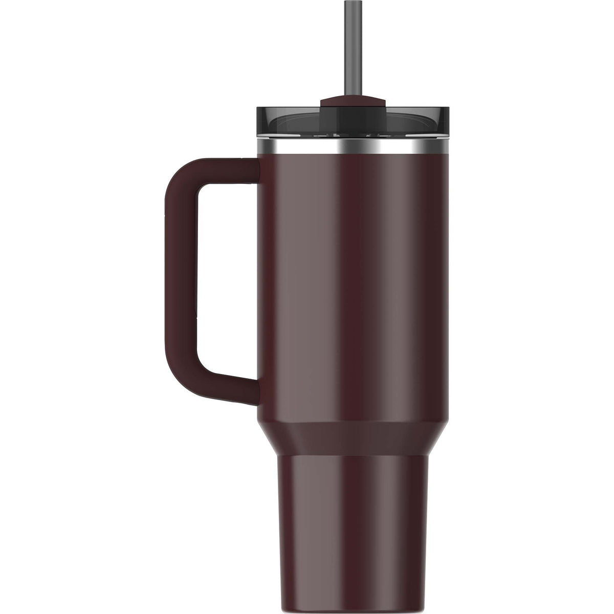 Deep maroon Stanley mug with handle and straw on a white background