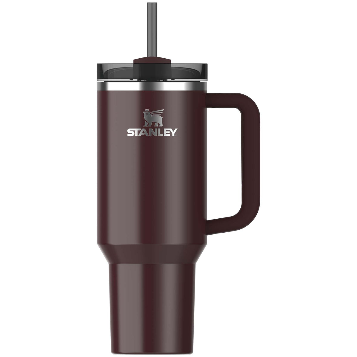 Deep maroon Stanley mug with handle and straw on a white background