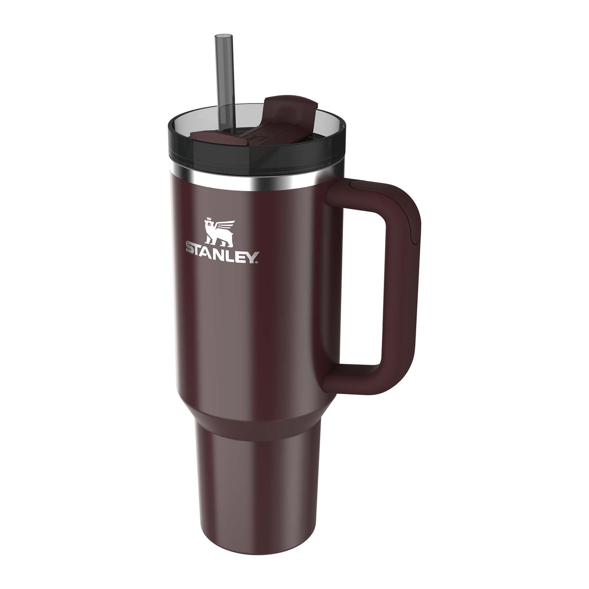 Deep maroon Stanley mug with handle and straw on a white background