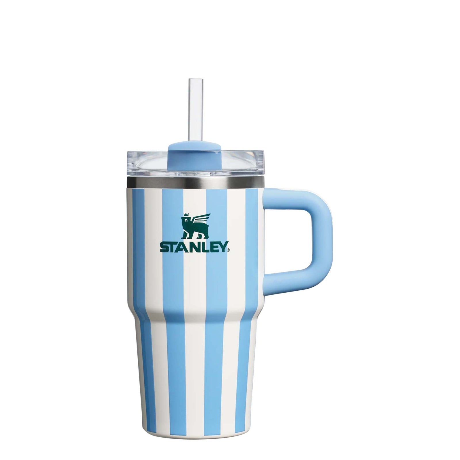 Stanley 20oz tumbler with handle in Cornflower Cabana, a stainless steel tumbler featuring a vibrant blue and white striped design, a sturdy ergonomic handle, a clear lid, and a reusable straw.