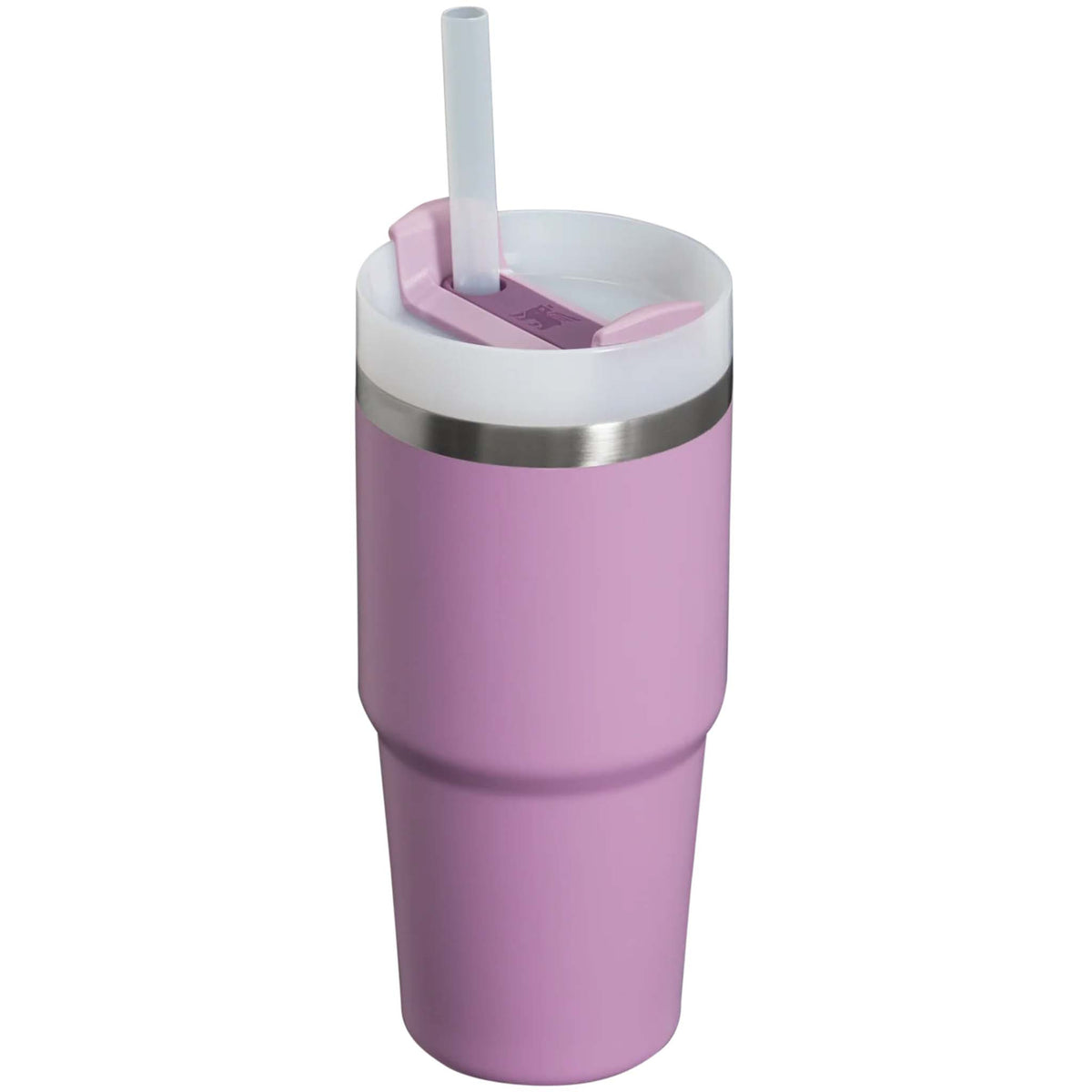 Angled view of a Stanley lilac tumbler showing the straw lid and tapered base.