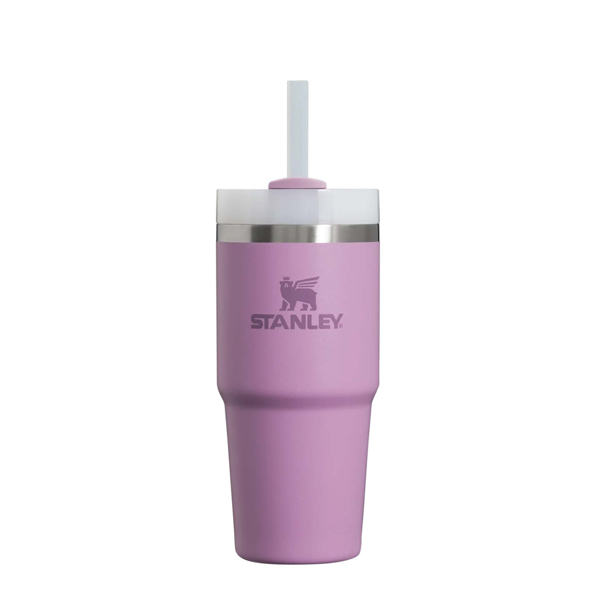 Front view of a Stanley lilac tumbler with straw lid and stainless steel rim.