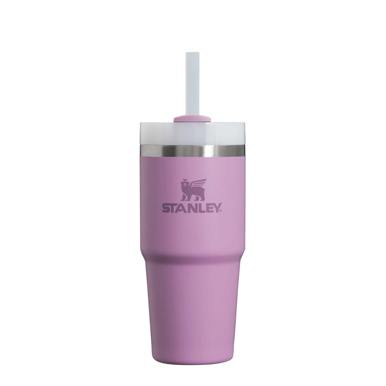 Front view of a Stanley lilac tumbler with straw lid and stainless steel rim.
