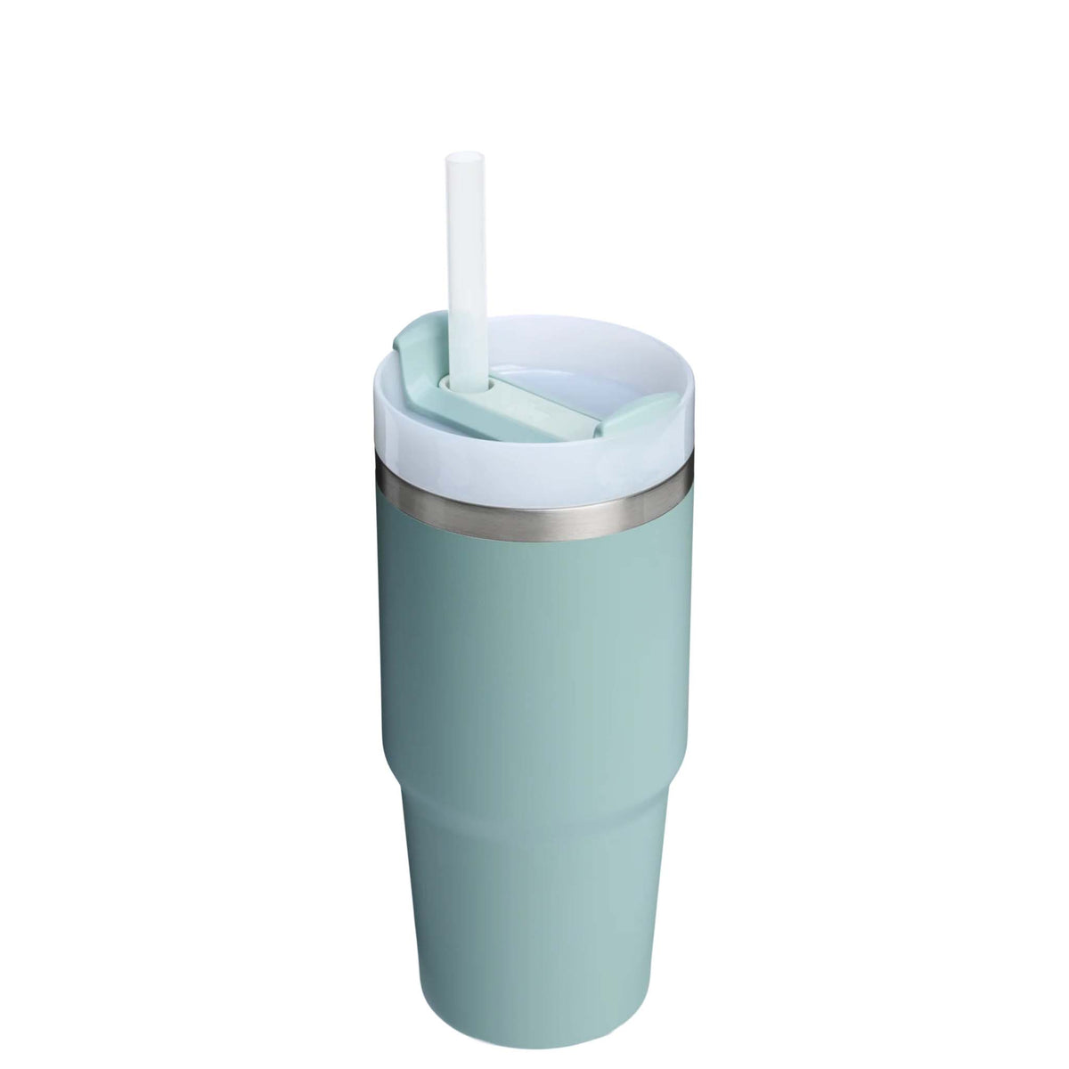 Stanley Seafoam Quencher H2.0 FlowState Tumbler shown at an angle with white straw and white FlowState lid featuring matching seafoam slider.