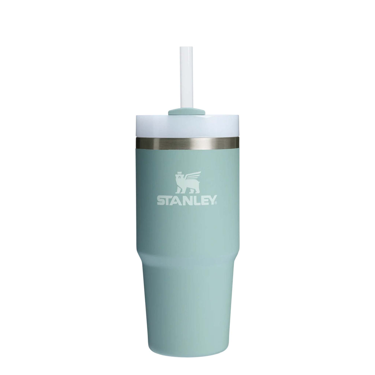 Stanley Seafoam Quencher H2.0 FlowState Tumbler front view with white straw, white lid, stainless steel band, and Stanley logo on body.