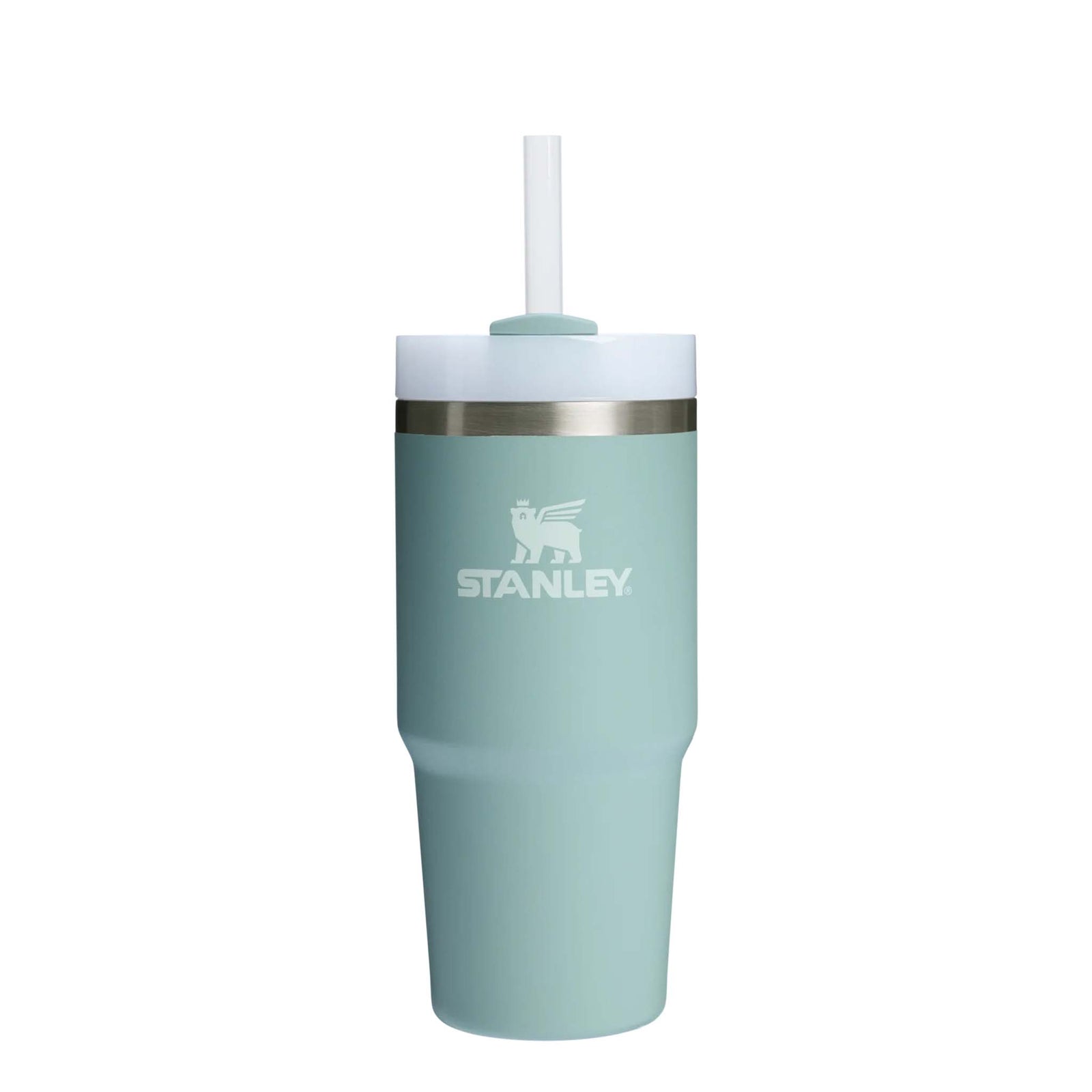 Stanley Seafoam Quencher H2.0 FlowState Tumbler front view with white straw, white lid, stainless steel band, and Stanley logo on body.