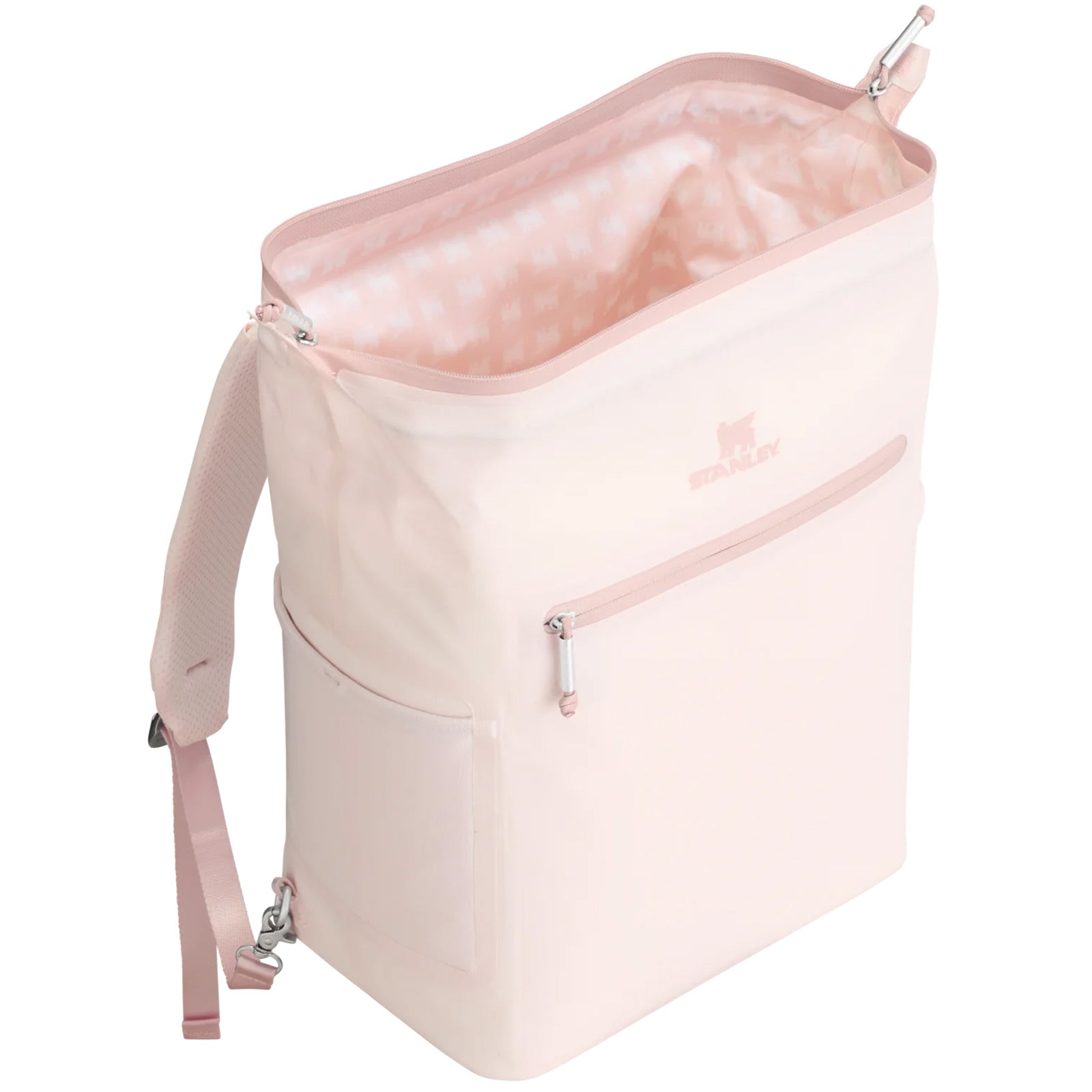 tanley Madeline Midi Backpack Cooler in Rose Quartz shown standing upright. The cooler features a soft pink exterior, adjustable padded backpack straps, a front zippered pocket, and a top handle. Designed for portability and insulation, it is photographed in a studio with a neutral background.
