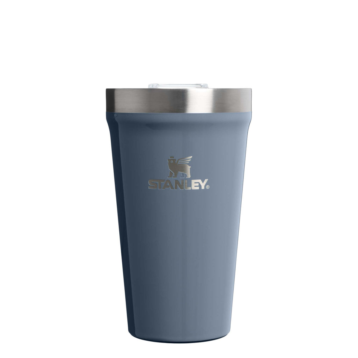 Front view of Stanley 10 oz Everyday Tumbler in Tempest Gloss featuring stainless steel rim and engraved Stanley logo on matte blue body.