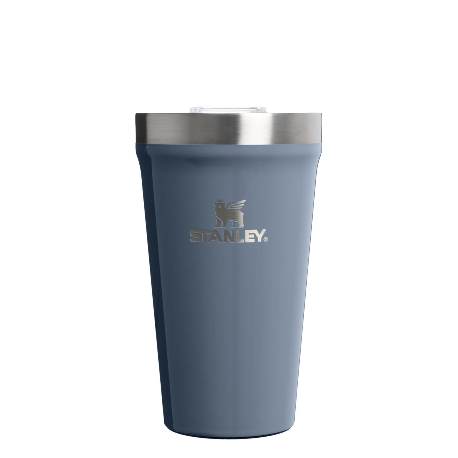 Front view of Stanley 10 oz Everyday Tumbler in Tempest Gloss featuring stainless steel rim and engraved Stanley logo on matte blue body.