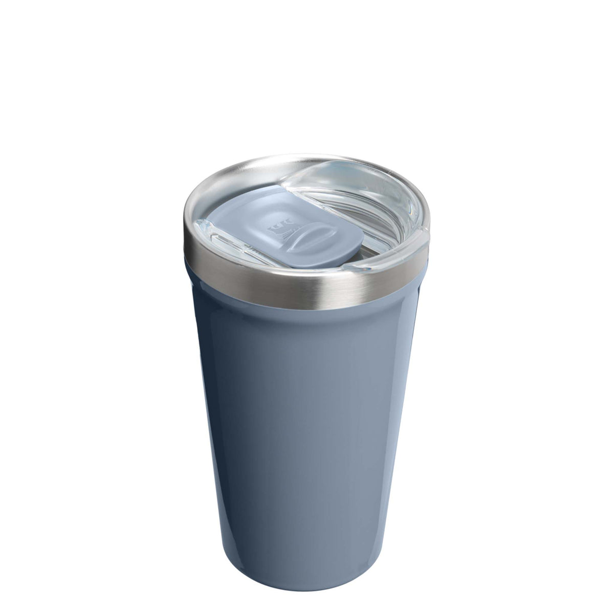 Stanley 10 oz Everyday Tumbler in Tempest Gloss with clear press-fit lid shown at an angle to display the stainless steel rim and smooth matte blue finish.