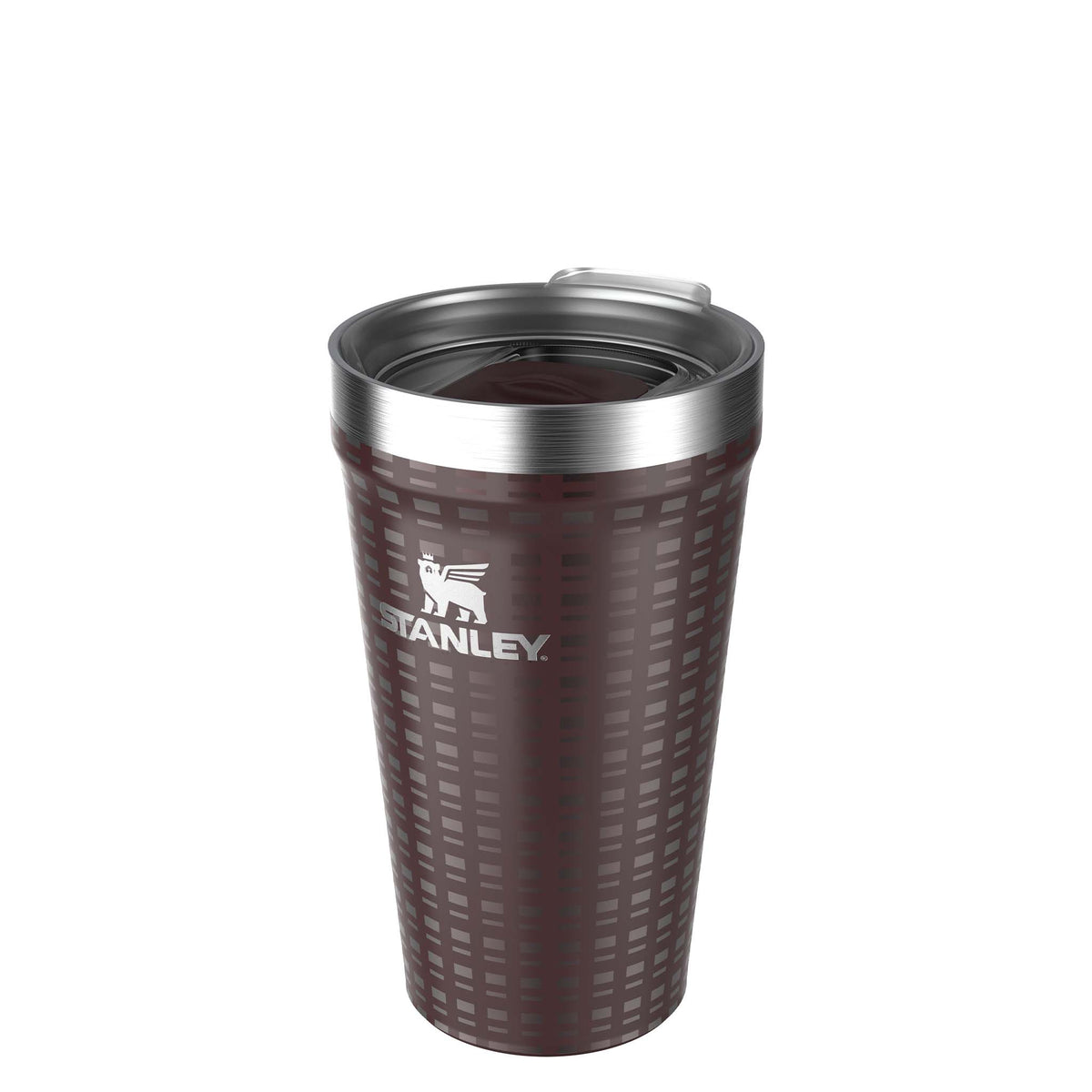 Stanley 10 oz Everyday Tumbler in Mahogany Grid with clear press-fit lid and stainless steel rim shown at an angle to highlight the dark red grid pattern.