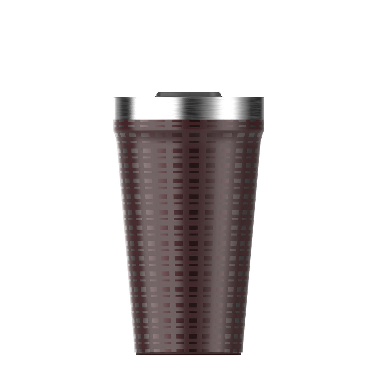 Side view of Stanley 10 oz Everyday Tumbler in Mahogany Grid showing full grid design and stainless steel rim against a white background.