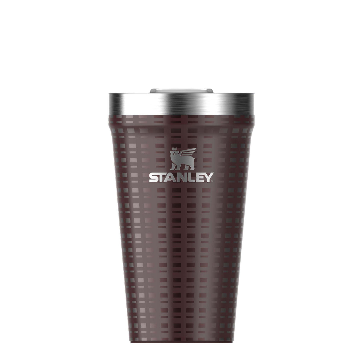 Front view of Stanley 10 oz Everyday Tumbler in Mahogany Grid featuring the silver Stanley logo on a dark red patterned body with stainless steel rim.