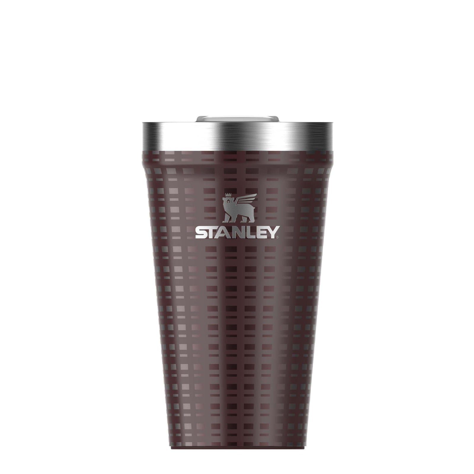 Front view of Stanley 10 oz Everyday Tumbler in Mahogany Grid featuring the silver Stanley logo on a dark red patterned body with stainless steel rim.