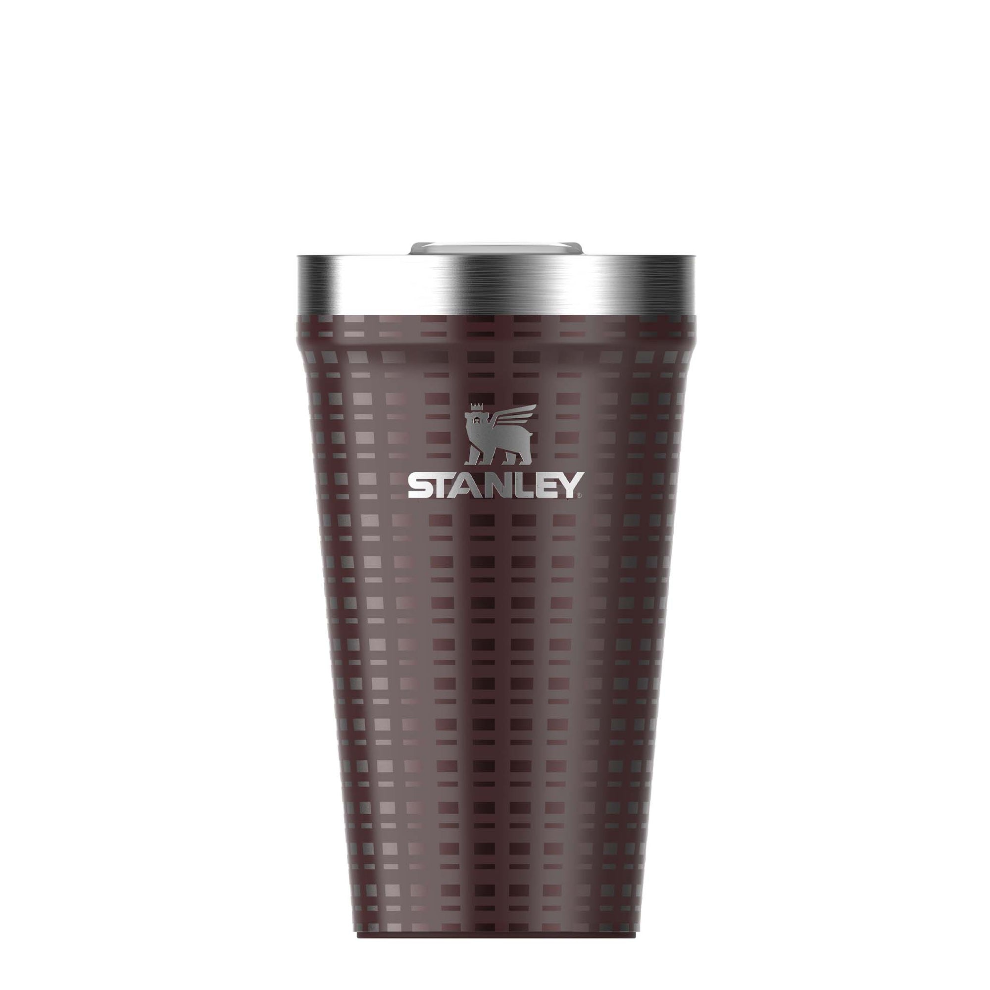 Front view of Stanley 10 oz Everyday Tumbler in Mahogany Grid featuring the silver Stanley logo on a dark red patterned body with stainless steel rim.