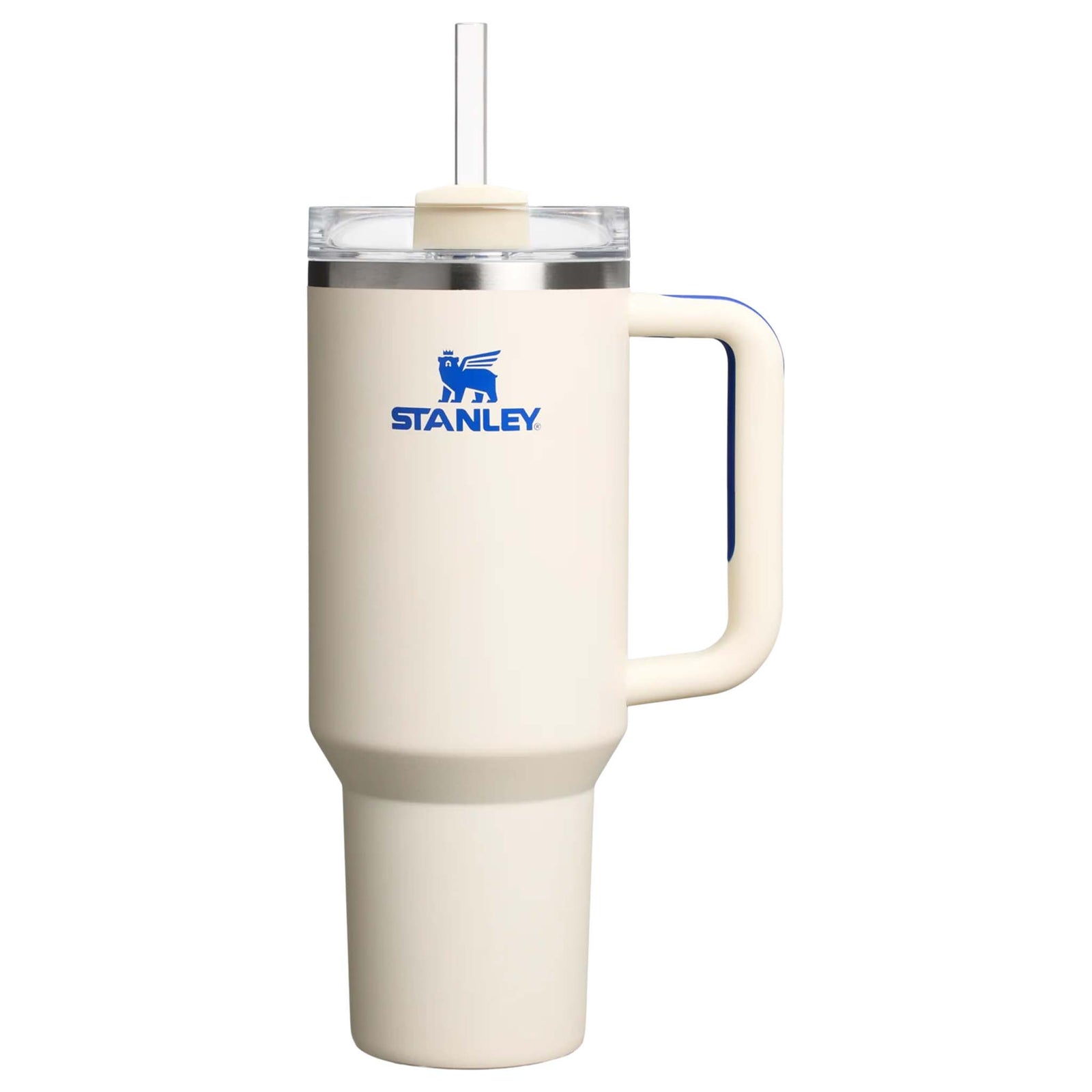 Stanley 40oz tumbler in cream with royal blue accents on the handle and logo.