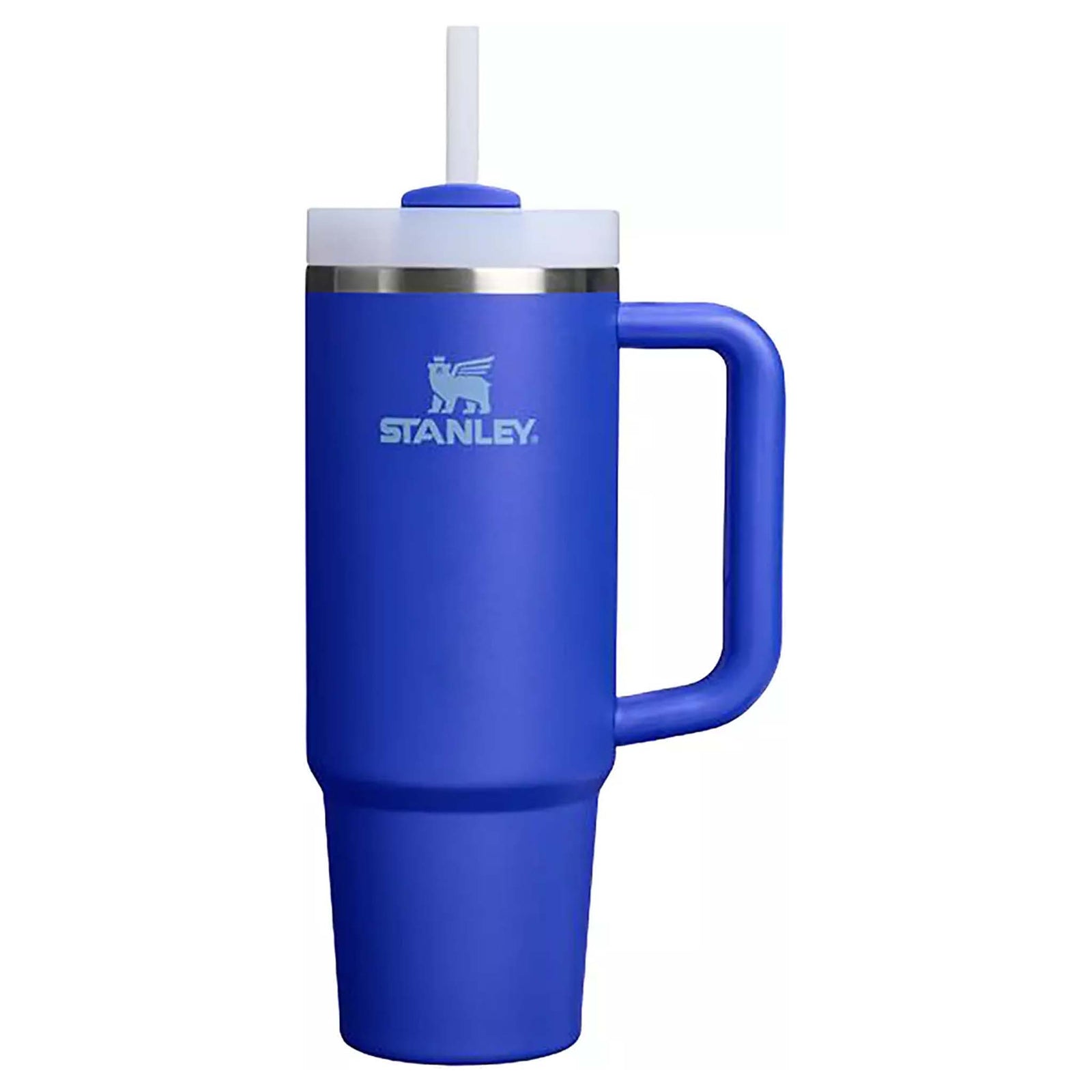 Blue Stanley mug with handle and straw on a white background