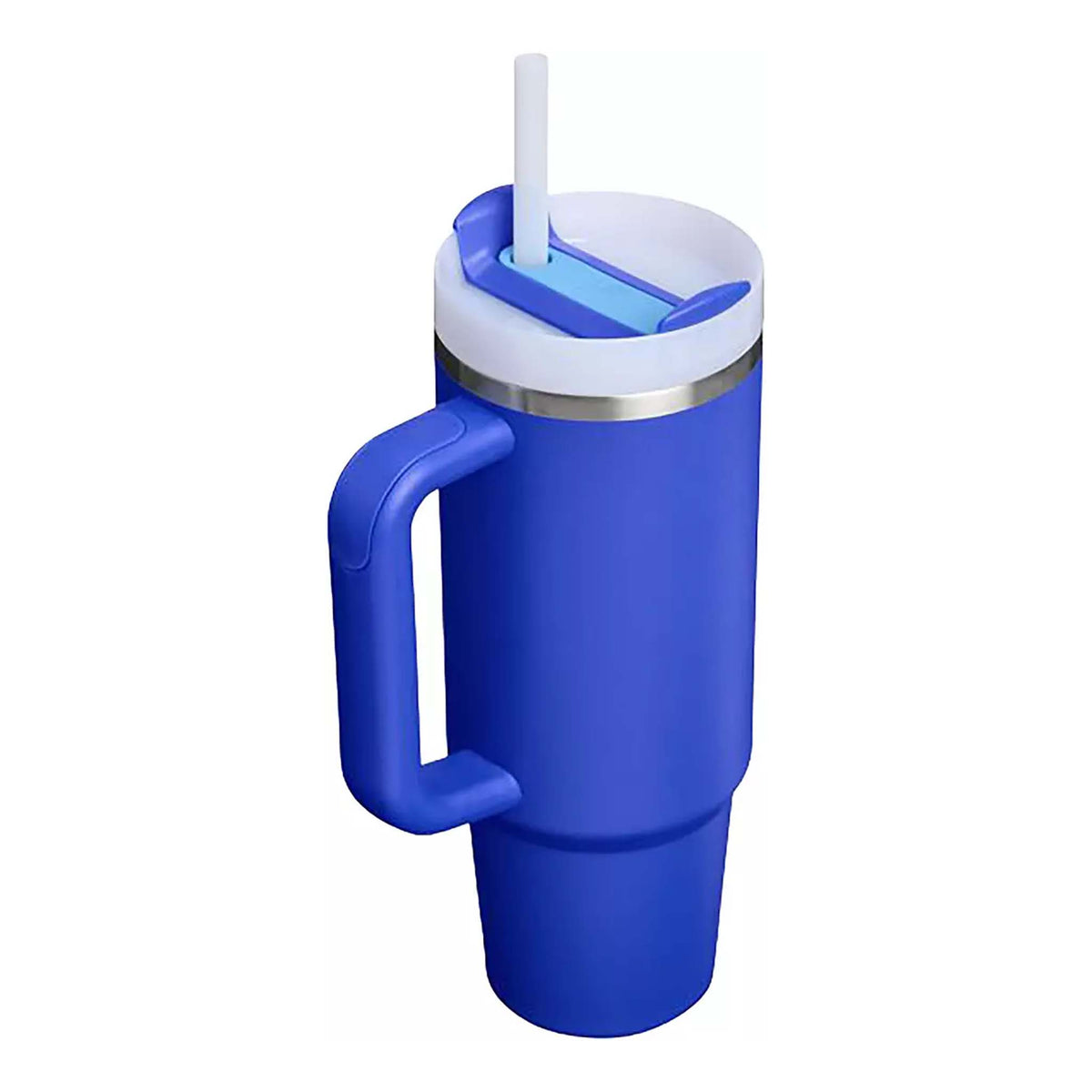 Blue insulated tumbler with a handle and straw lid on a white background