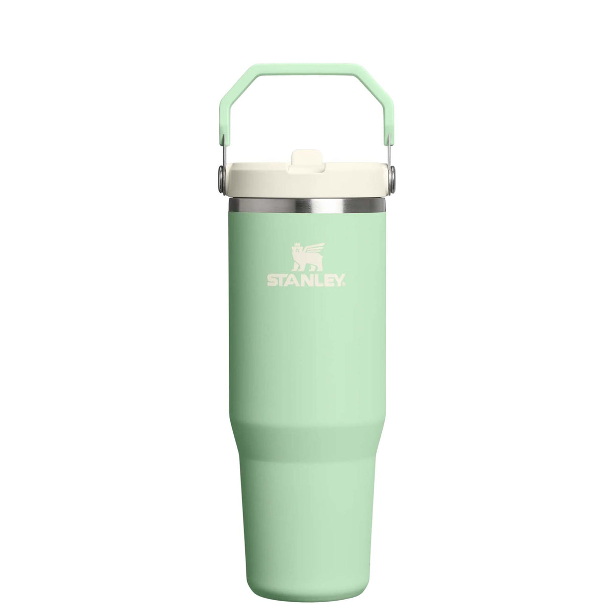 Front view of Stanley Pistachio Quencher H2.0 FlowState Tumbler in mint green with cream lid and handle.