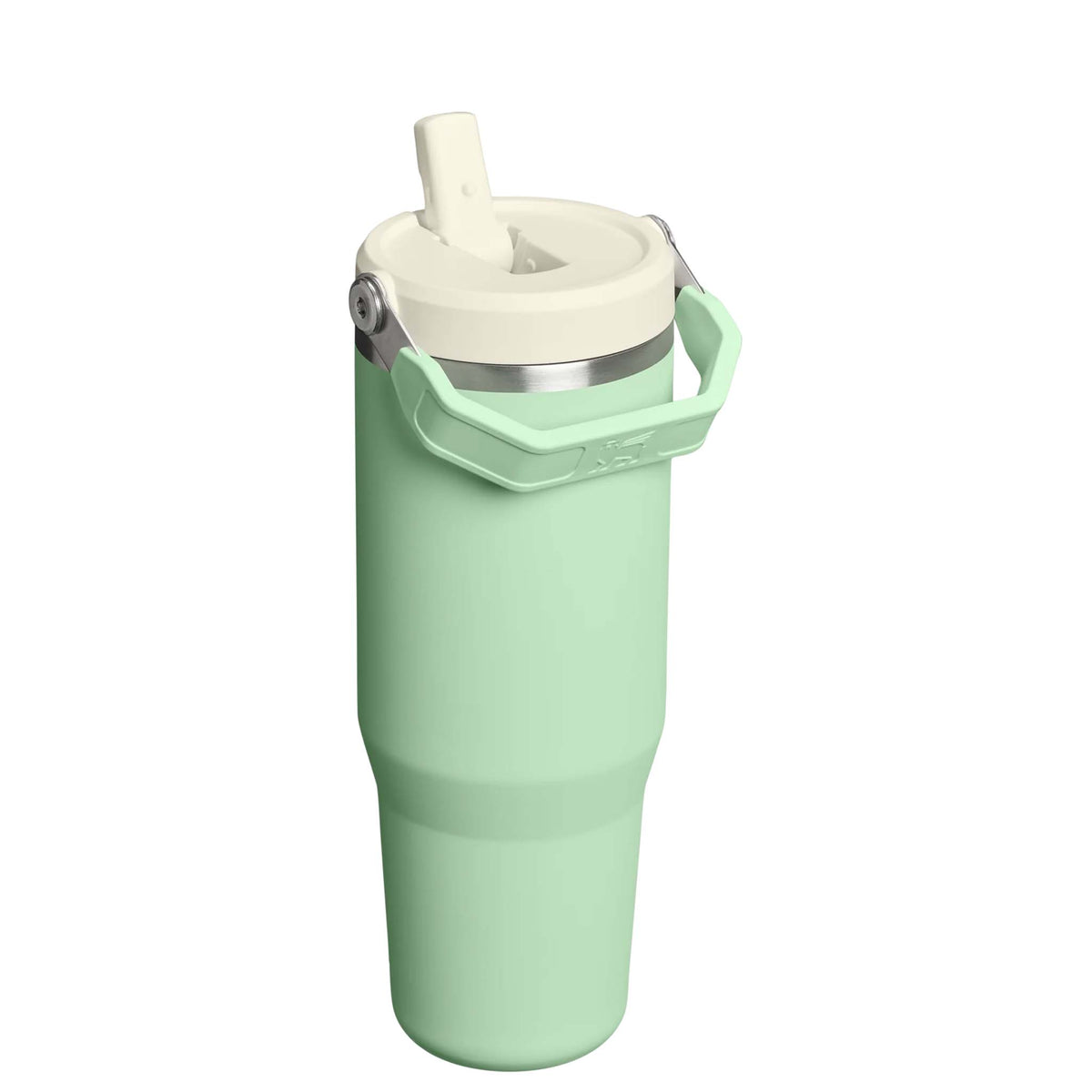 Side view of Stanley Pistachio Quencher tumbler showing cream flip straw lid and mint green body.