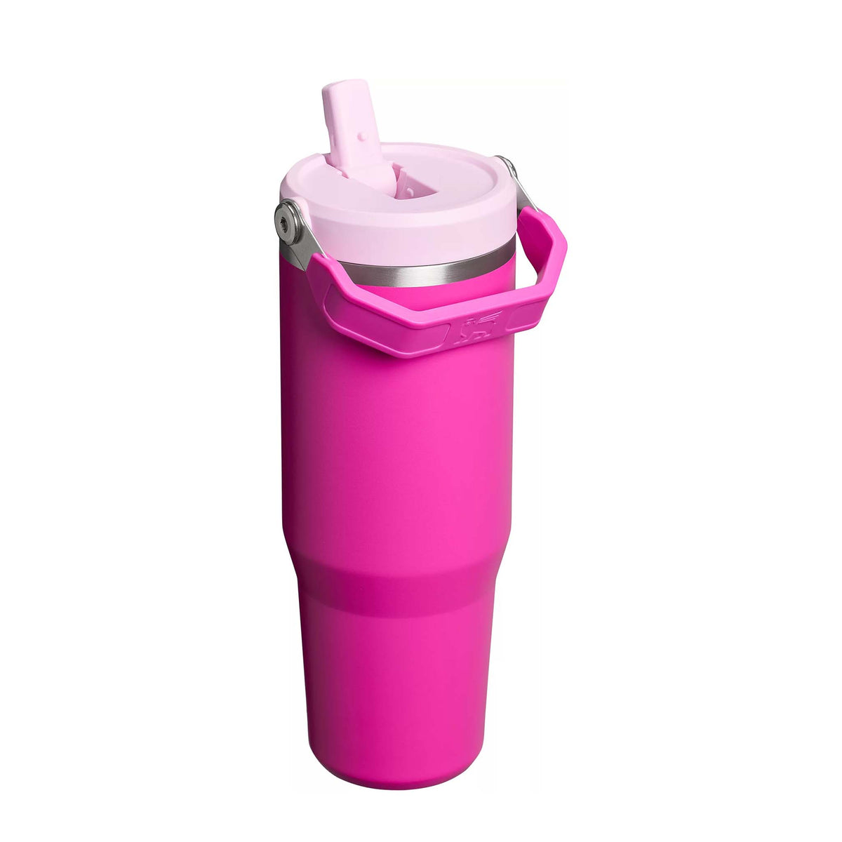 Side view of Stanley Violet Blossom Quencher tumbler showing light pink flip straw lid and bright pink body.