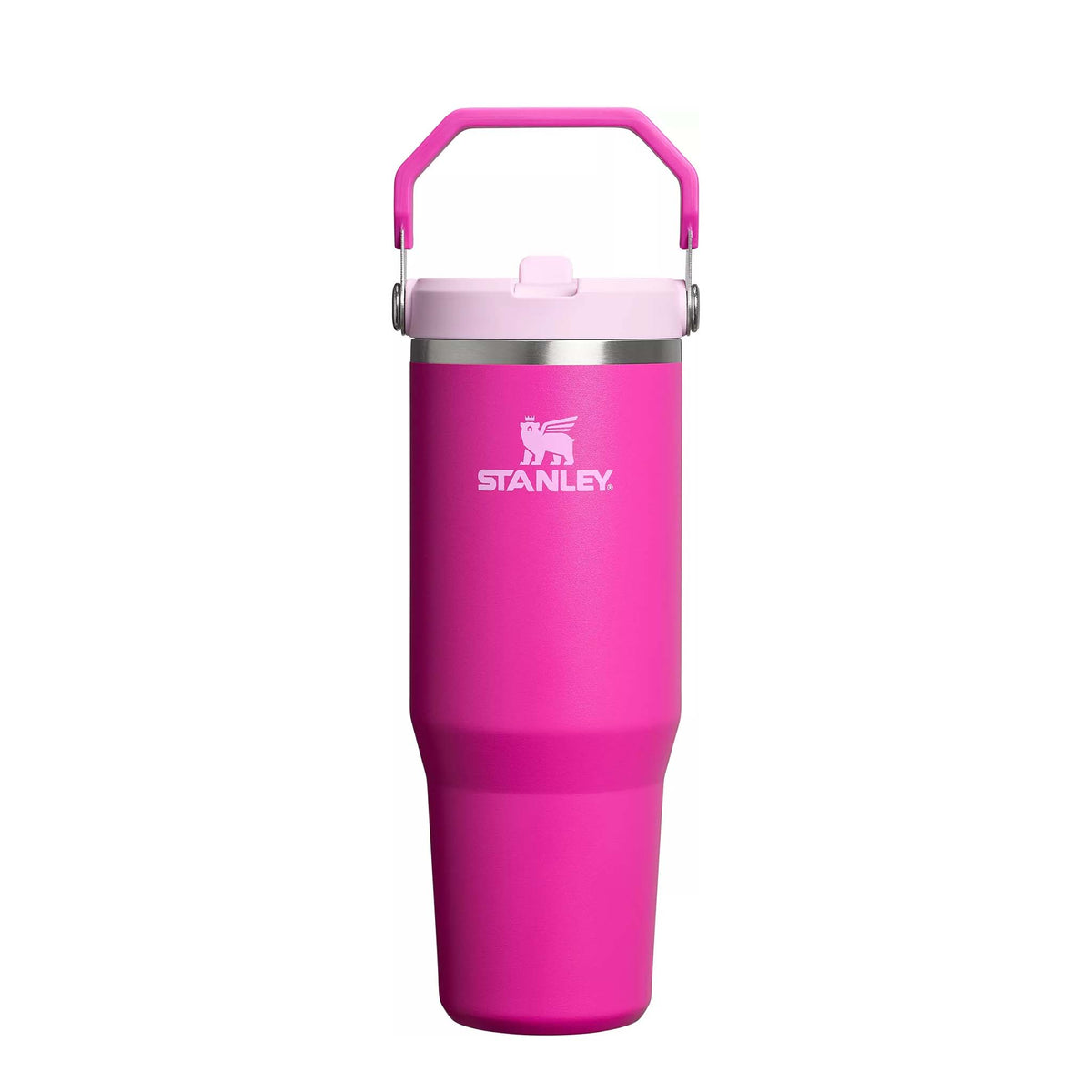Front view of Stanley Violet Blossom Quencher H2.0 FlowState Tumbler in bright pink with light pink lid and handle.