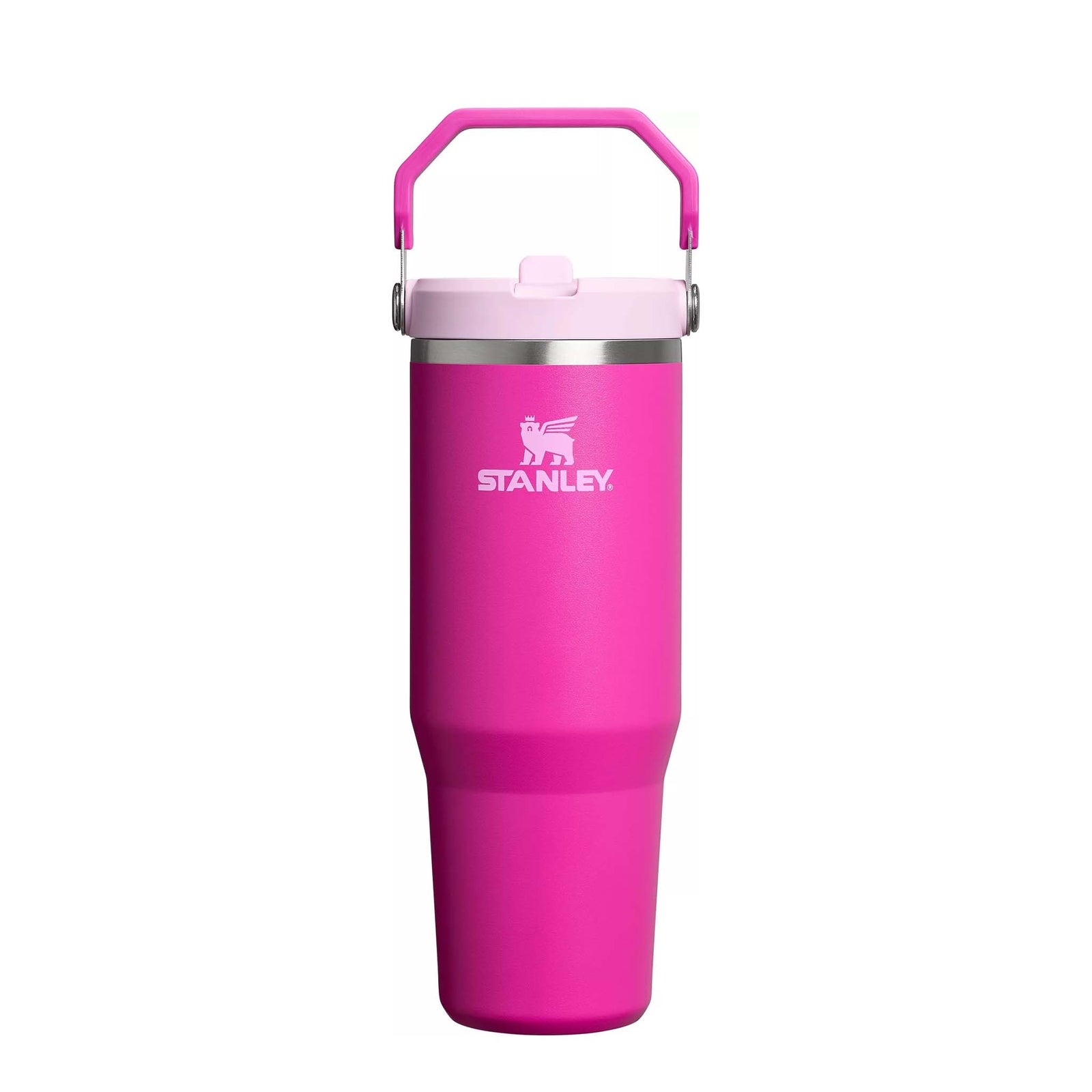 Front view of Stanley Violet Blossom Quencher H2.0 FlowState Tumbler in bright pink with light pink lid and handle.
