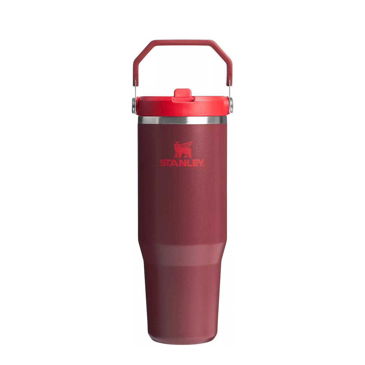 Front view of Stanley Cranberry Quencher H2.0 FlowState Tumbler in deep red with bright red lid, handle, and logo.