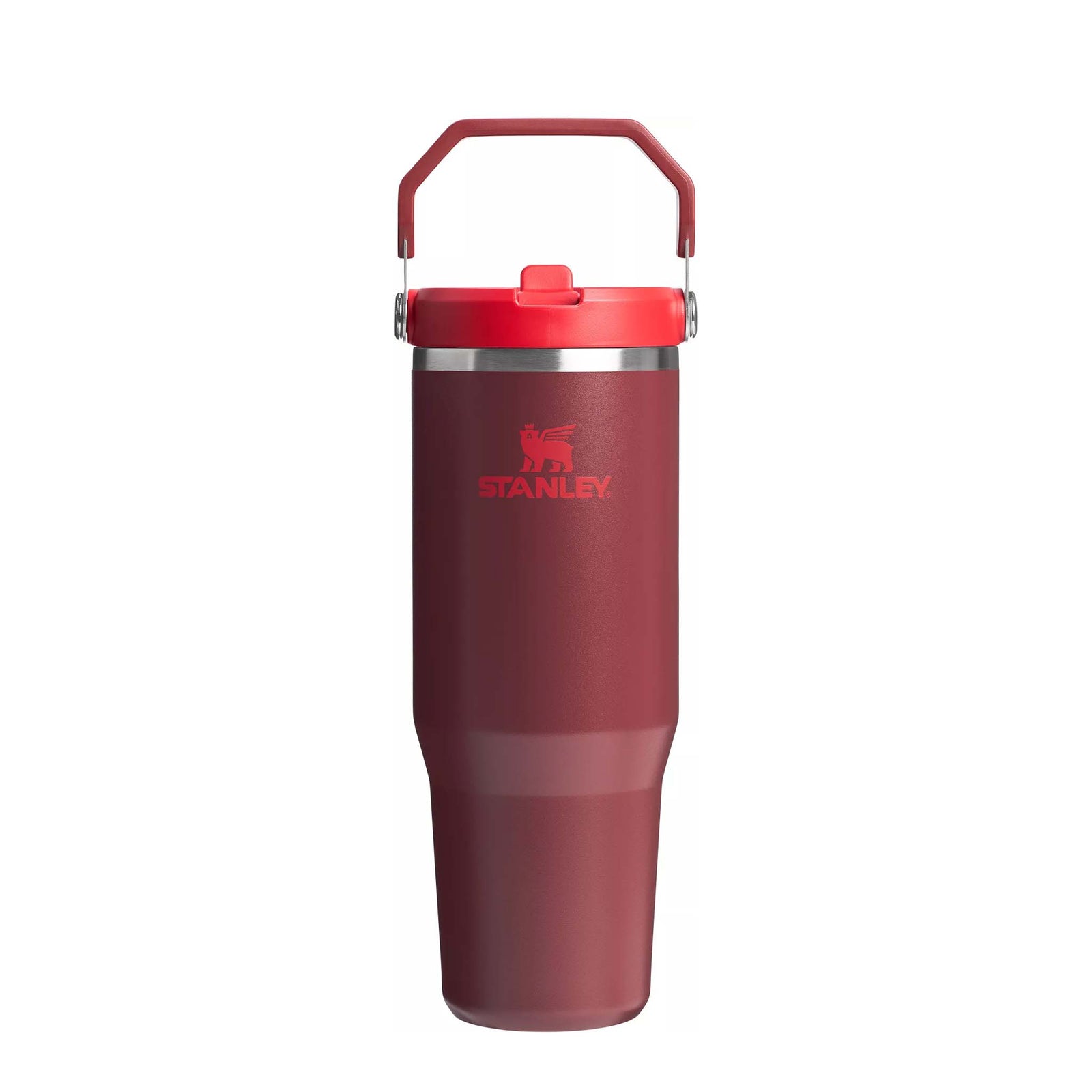 Front view of Stanley Cranberry Quencher H2.0 FlowState Tumbler in deep red with bright red lid, handle, and logo.