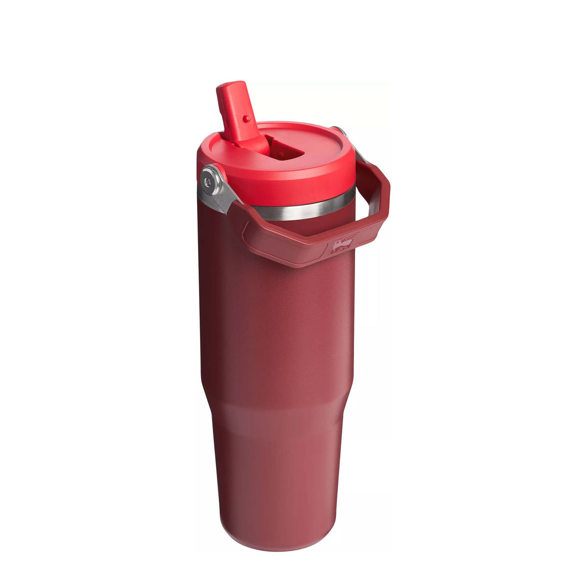 Side view of Stanley Cranberry Quencher tumbler showing bright red flip straw lid, handle, and deep red body.