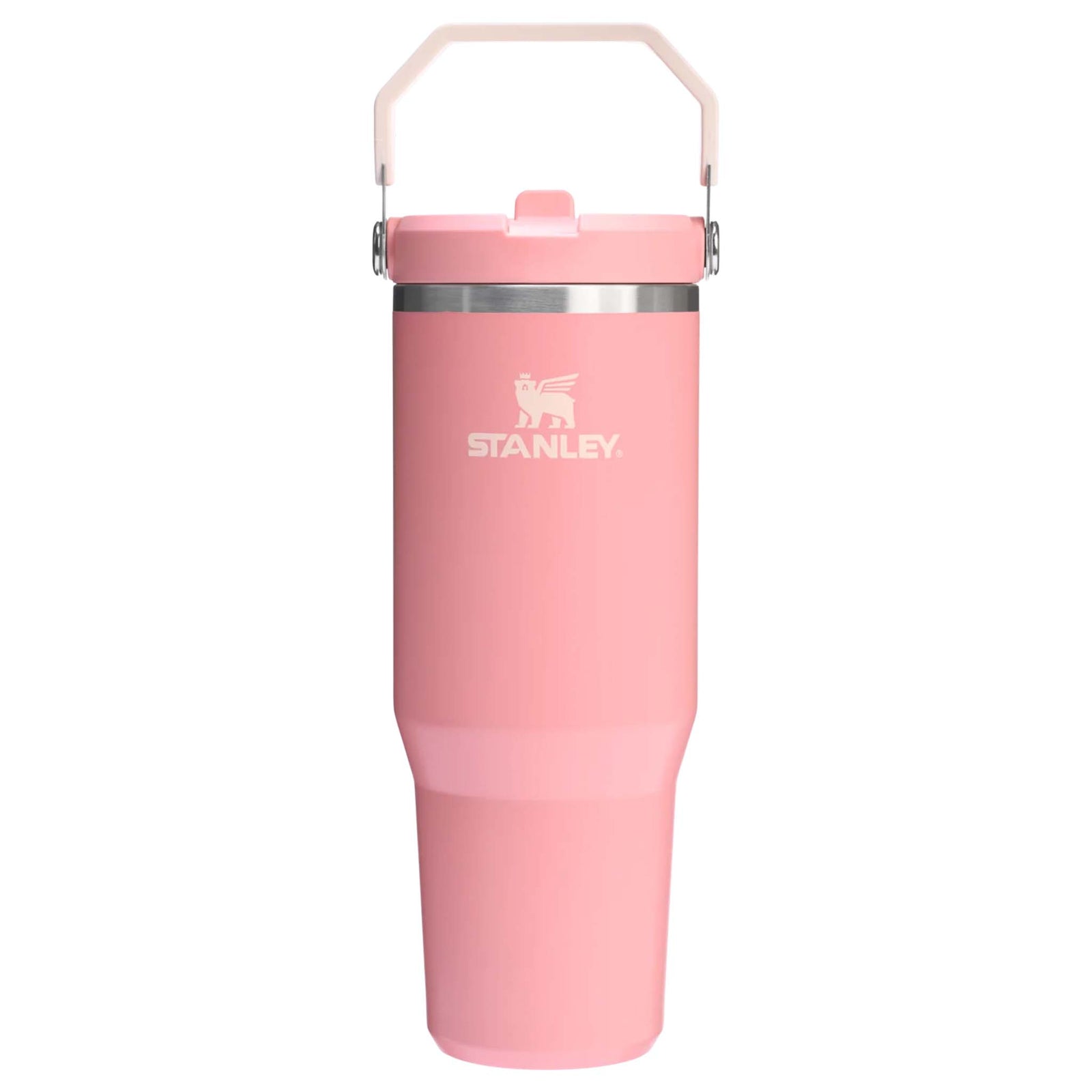 Front view of the Stanley 30oz The IceFlow Flip Straw Tumbler in Pink Mesa with solid finish, white logo, and upright cream-colored carry handle.
