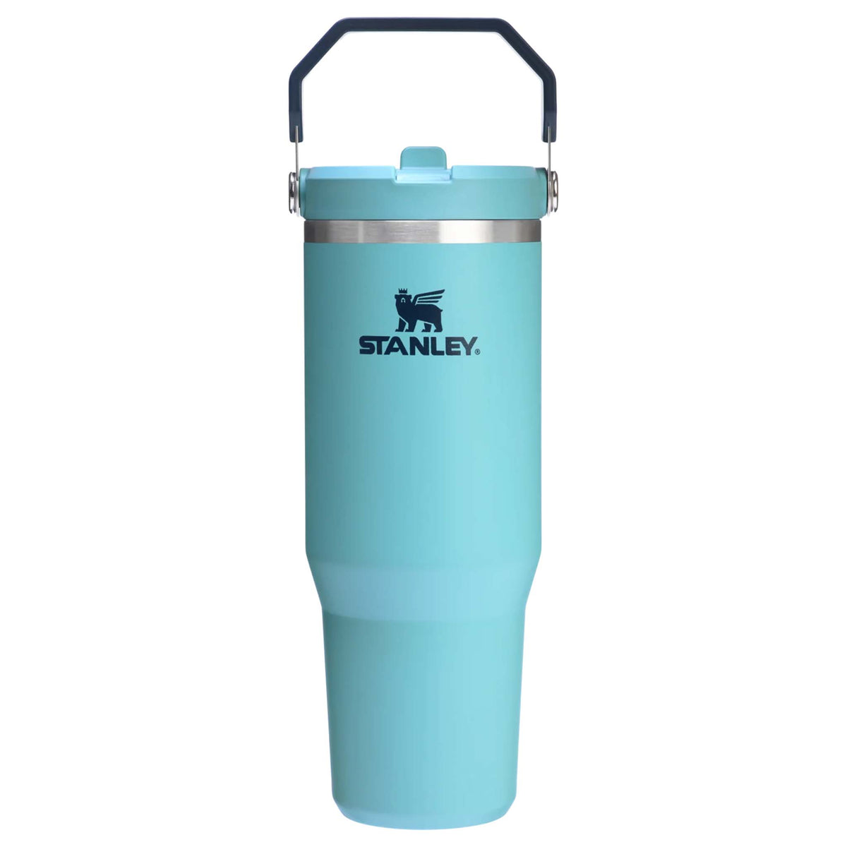 Front view of the Stanley 30oz The IceFlow Tumbler in Agave with bold logo, solid body, and navy rotating carry handle in upright position.