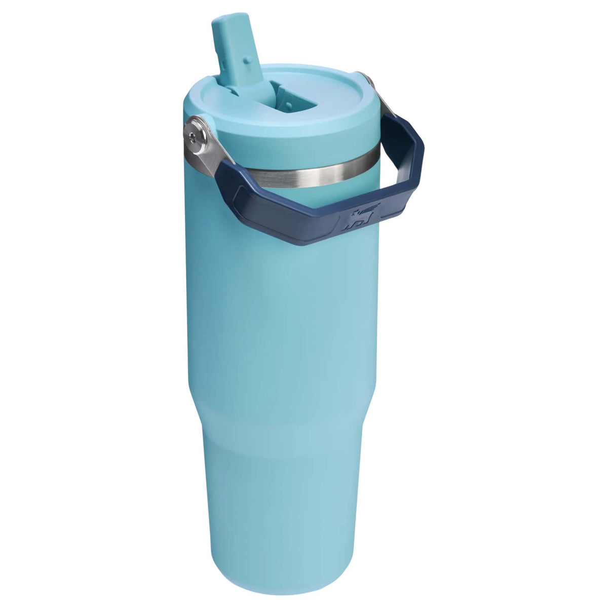 Angled view of the Stanley 30oz The IceFlow Tumbler in Agave with raised flip straw, rotating navy carry handle, and solid blue-green body.