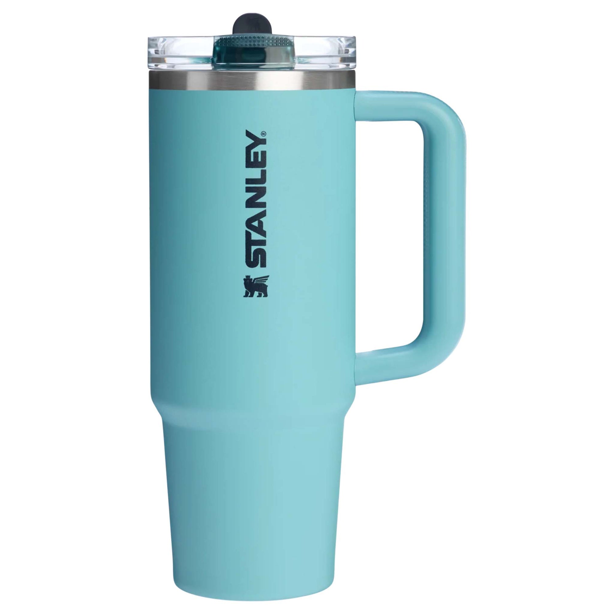 Stanley 30oz Quencher Protour Flip Straw Tumbler in Agave shown upright with solid blue-green finish, side handle, and clear lid with dark flip straw.