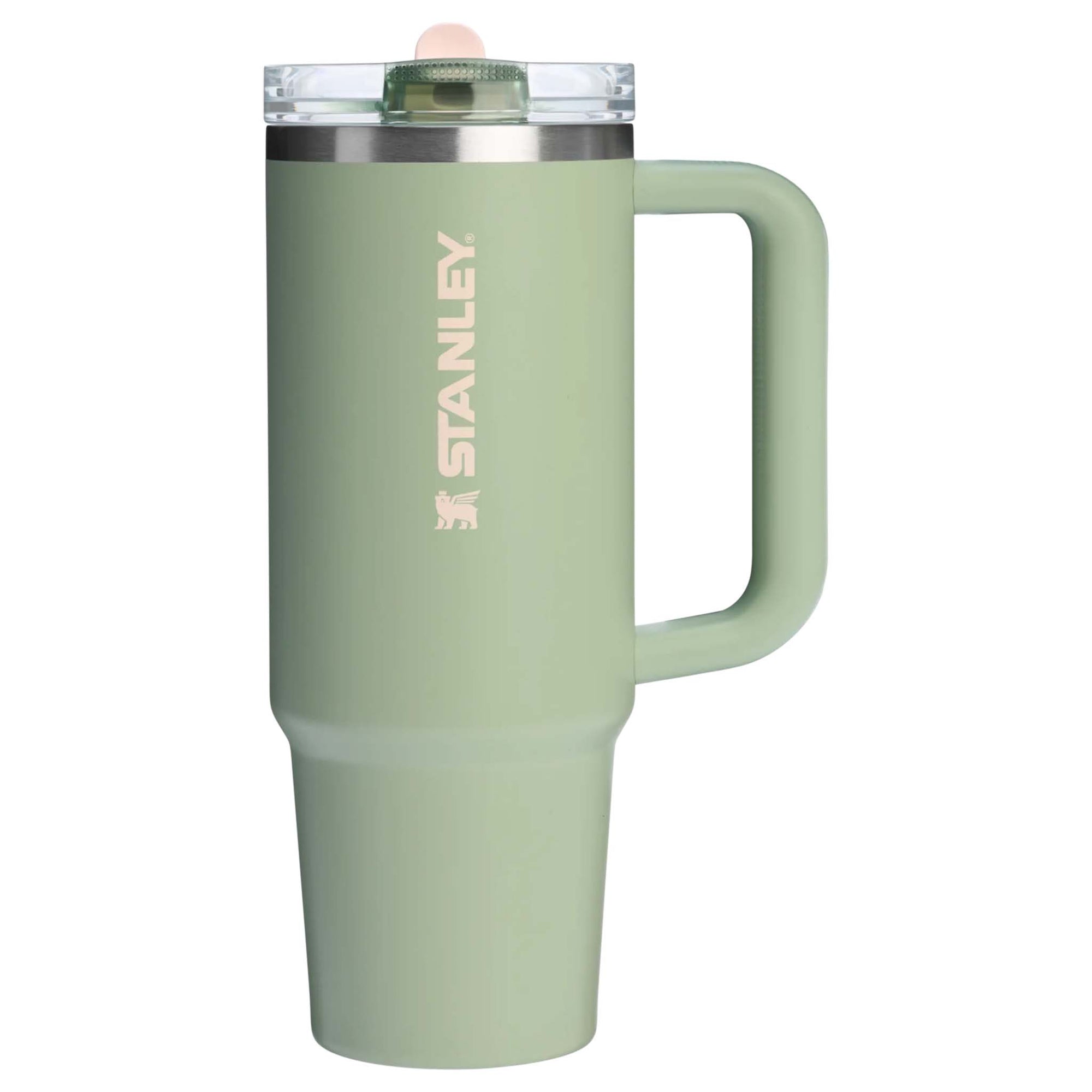 Lichen Stanley 30oz Quencher Protour Flip Straw Tumbler shown upright with solid sage green finish, side handle, and clear lid with flip straw on a white background.