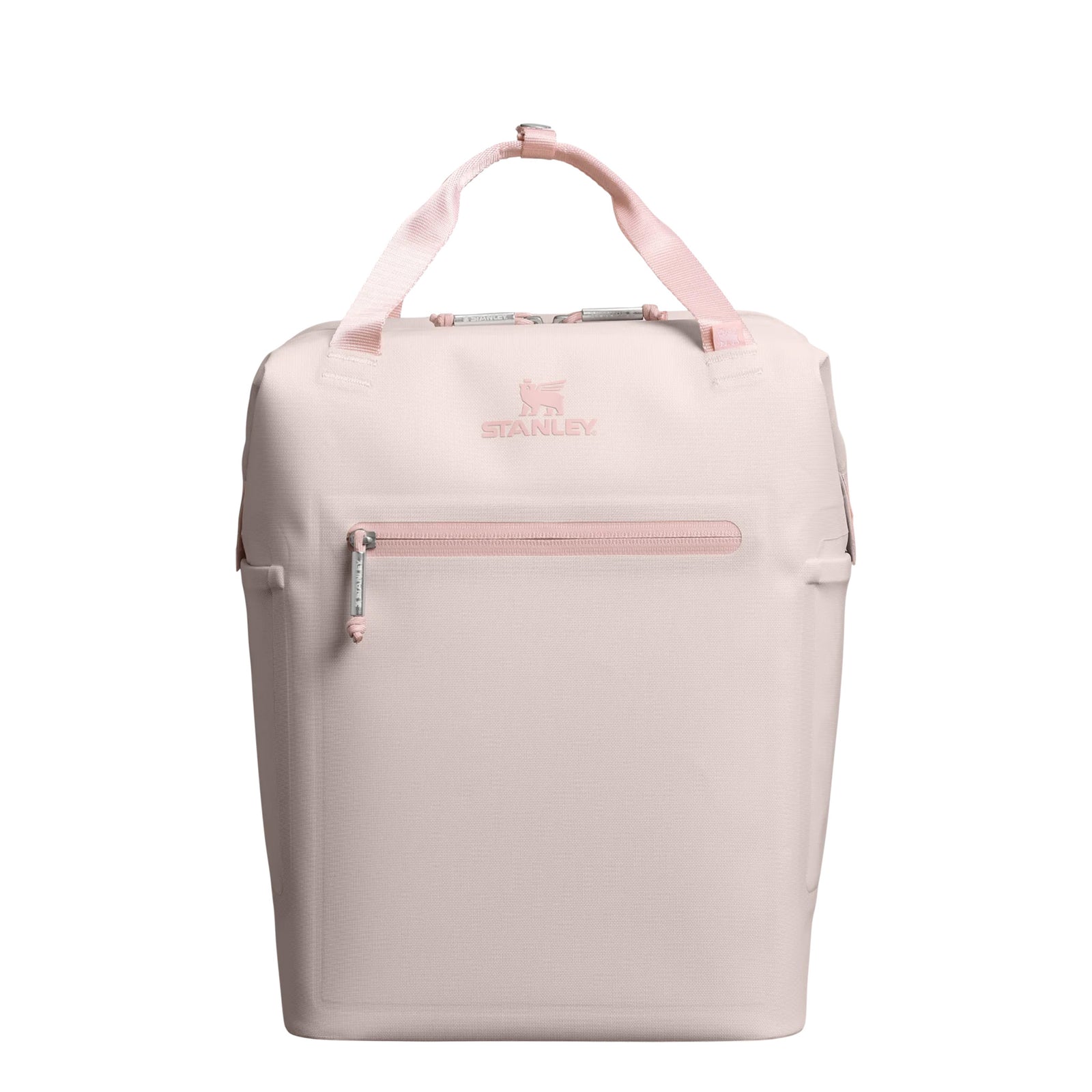 Stanley Madeline Mini Backpack Cooler in Rose Quartz shown standing upright. The compact cooler features a soft pink exterior, adjustable padded backpack straps, a front zippered pocket, and a top carry handle. Designed for lightweight portability and insulation.
