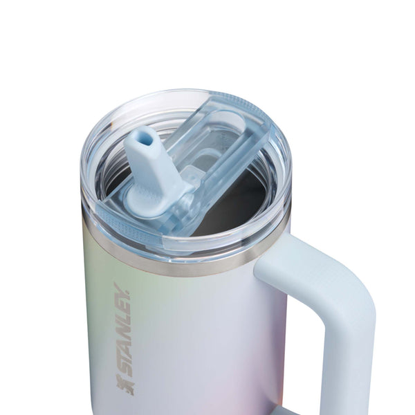 Close up of stanley pro tour handled tumbler with flip straw.