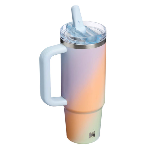 Back of Multi color stanley tumbler with handle.