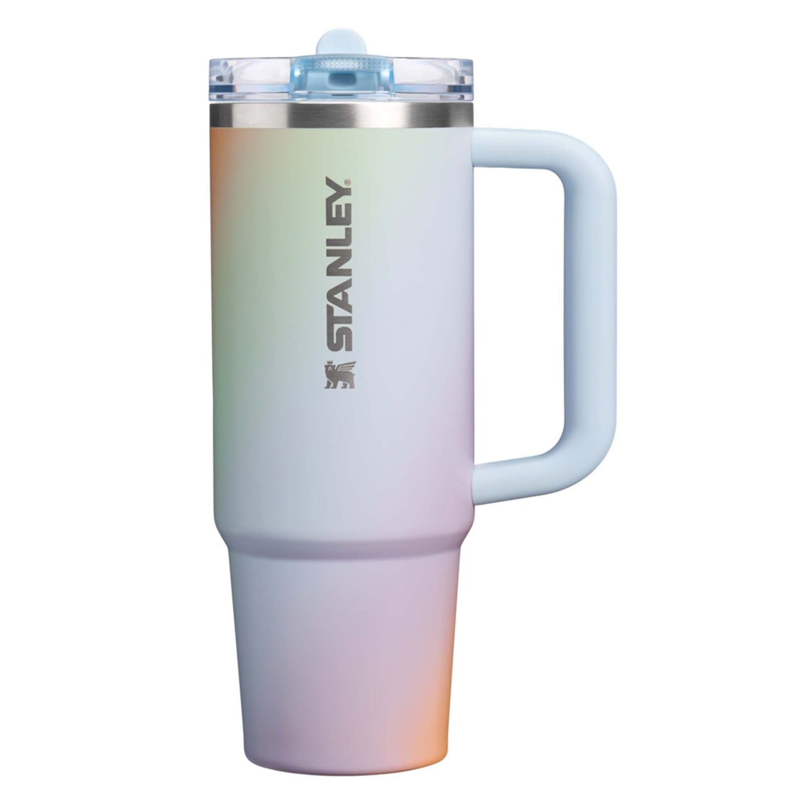Multi color stanley tumbler with handle.
