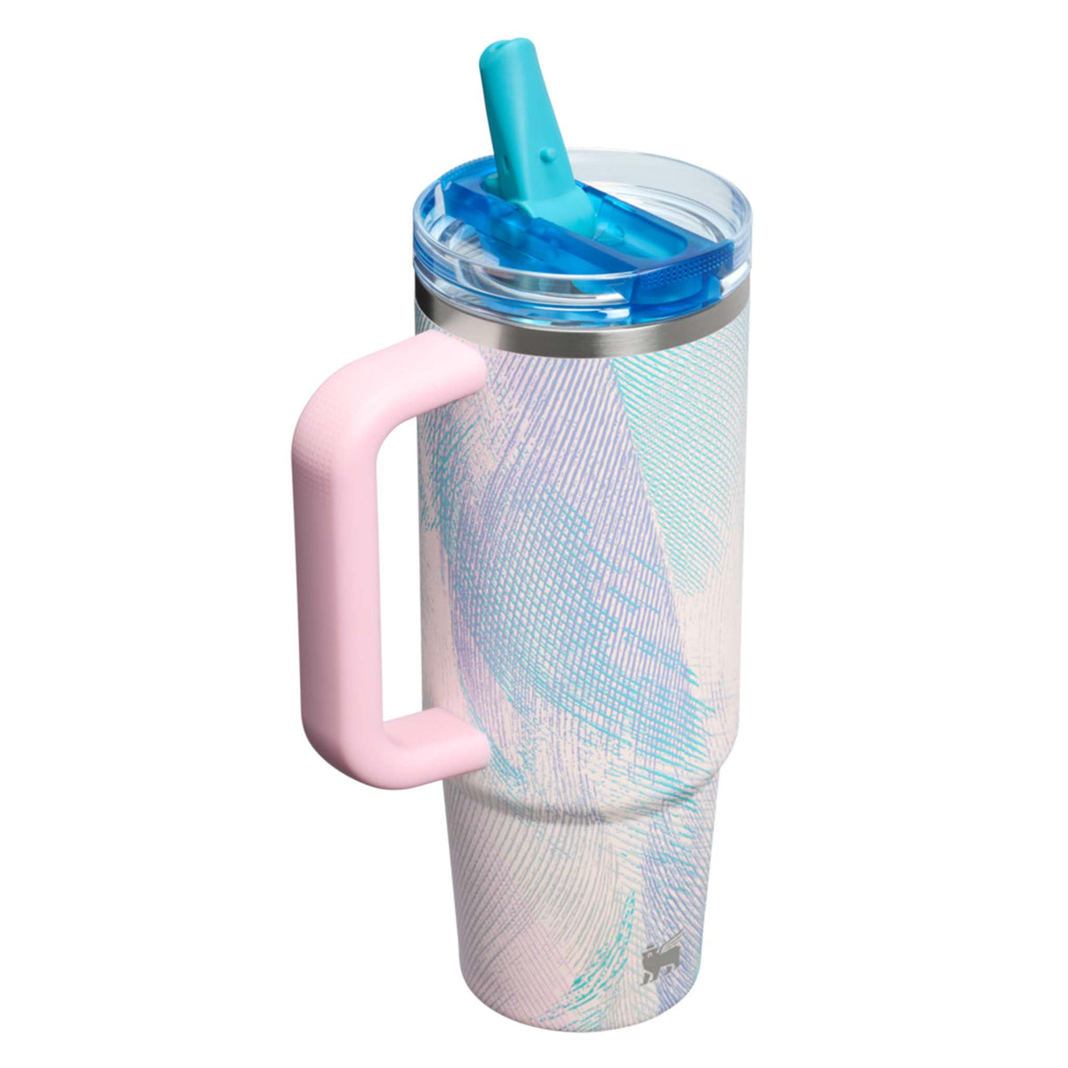 Tumbler with pink handle, blue straw, and patterned design on a white background